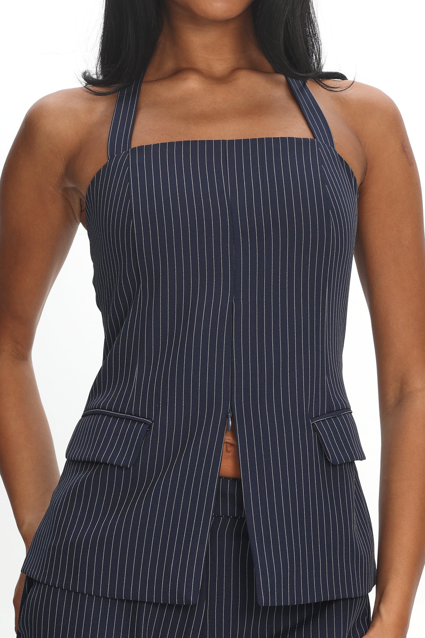Like I Do Front Zip Halter Top Pinstripe Navy by Selfie Leslie Australia