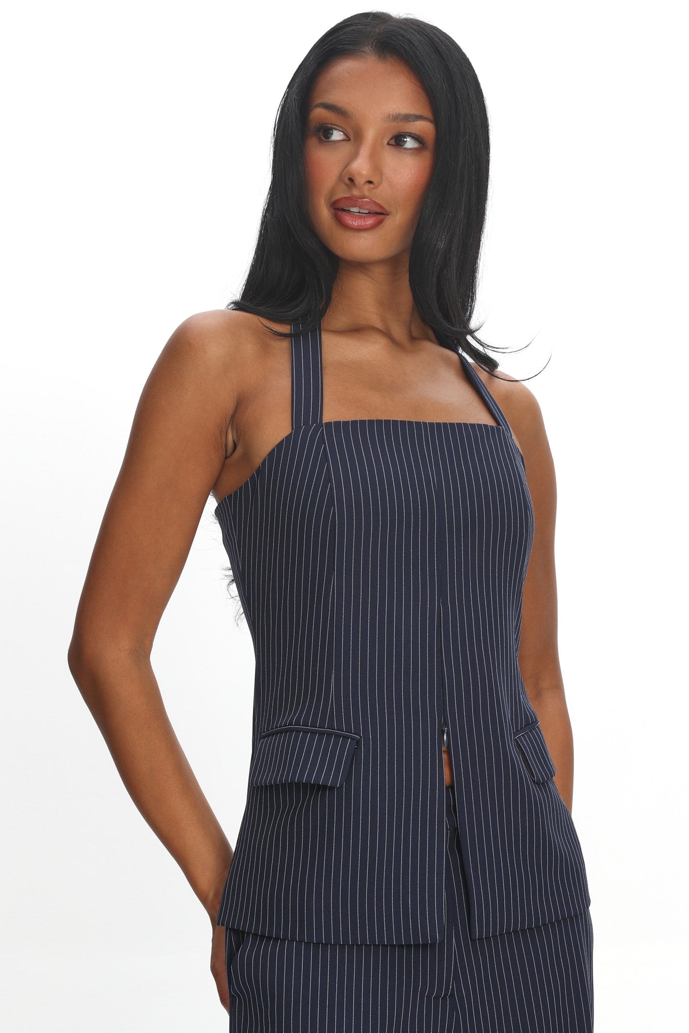 Like I Do Front Zip Halter Top Pinstripe Navy by Selfie Leslie Australia