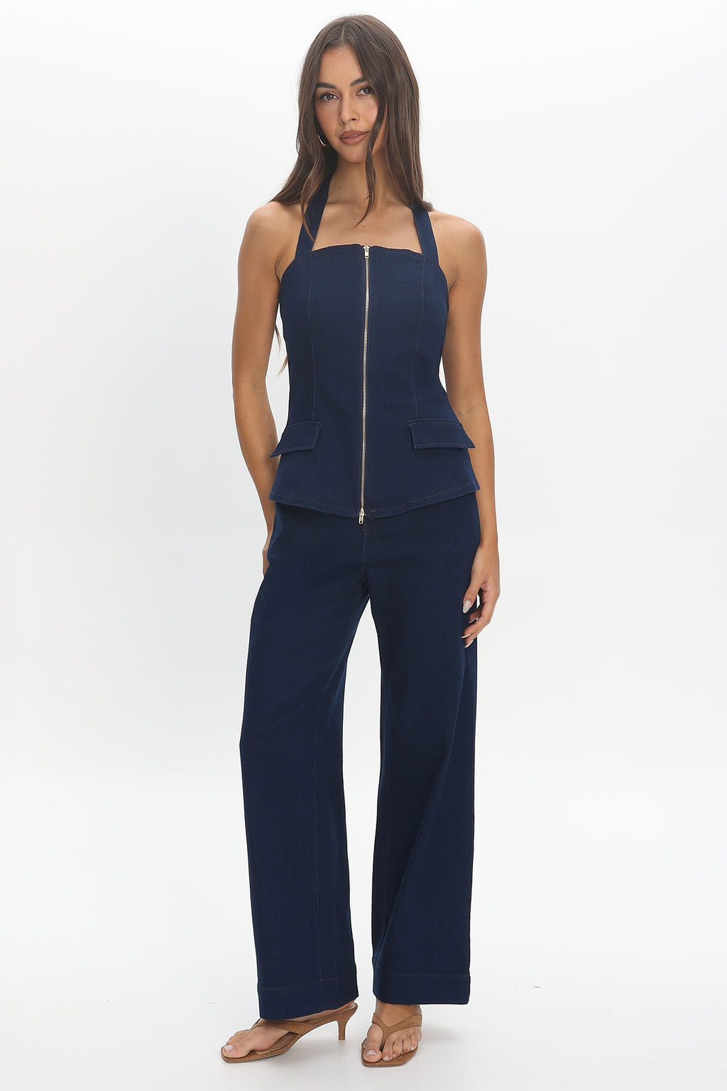 Route 66 Zip Wide Leg Trousers Denim Blue