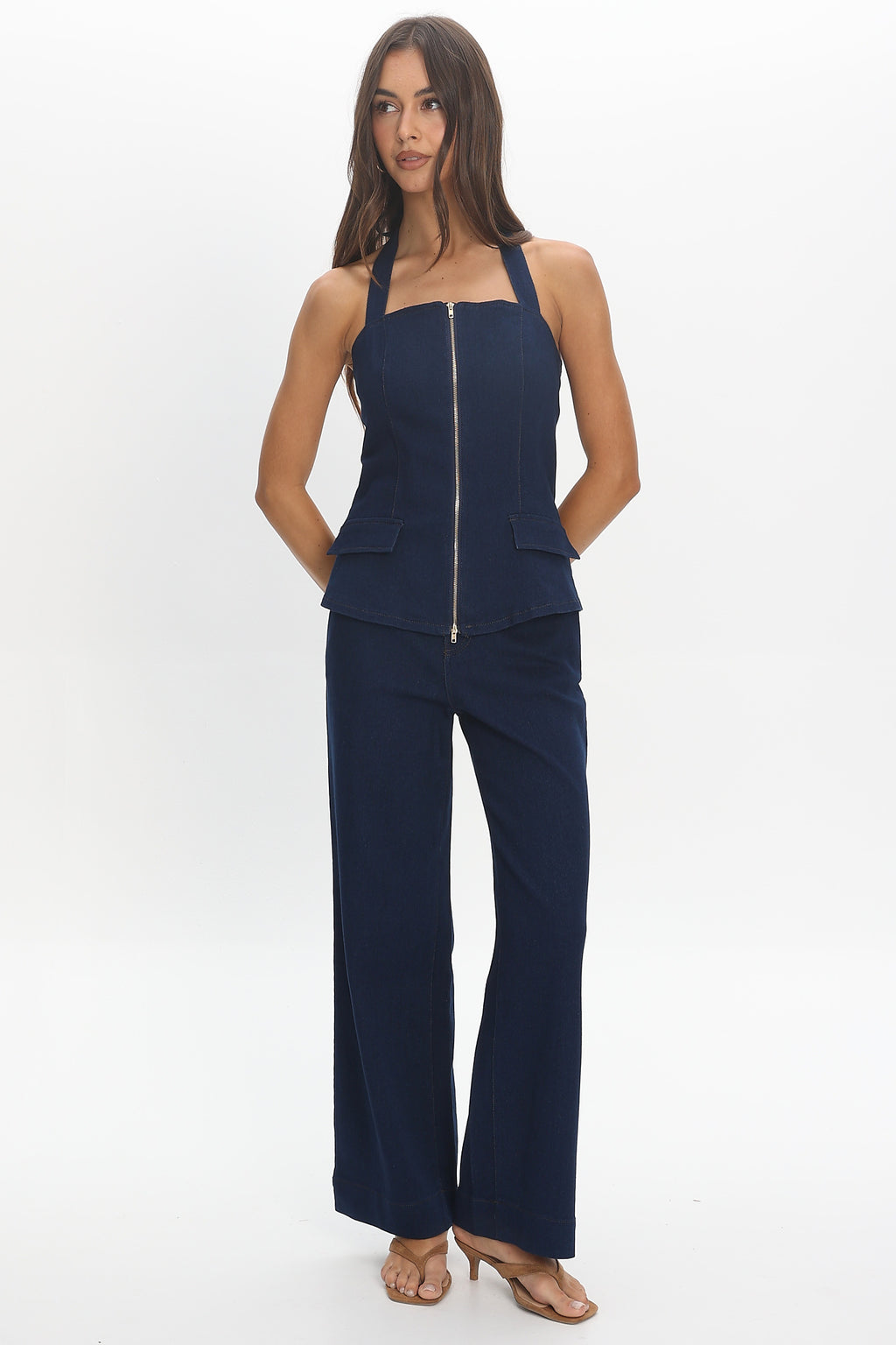Route 66 Zip Wide Leg Trousers Denim Blue