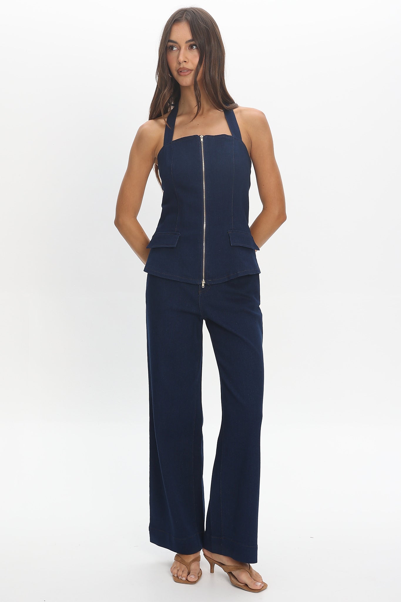 Route 66 Zip Wide Leg Trousers Denim Blue