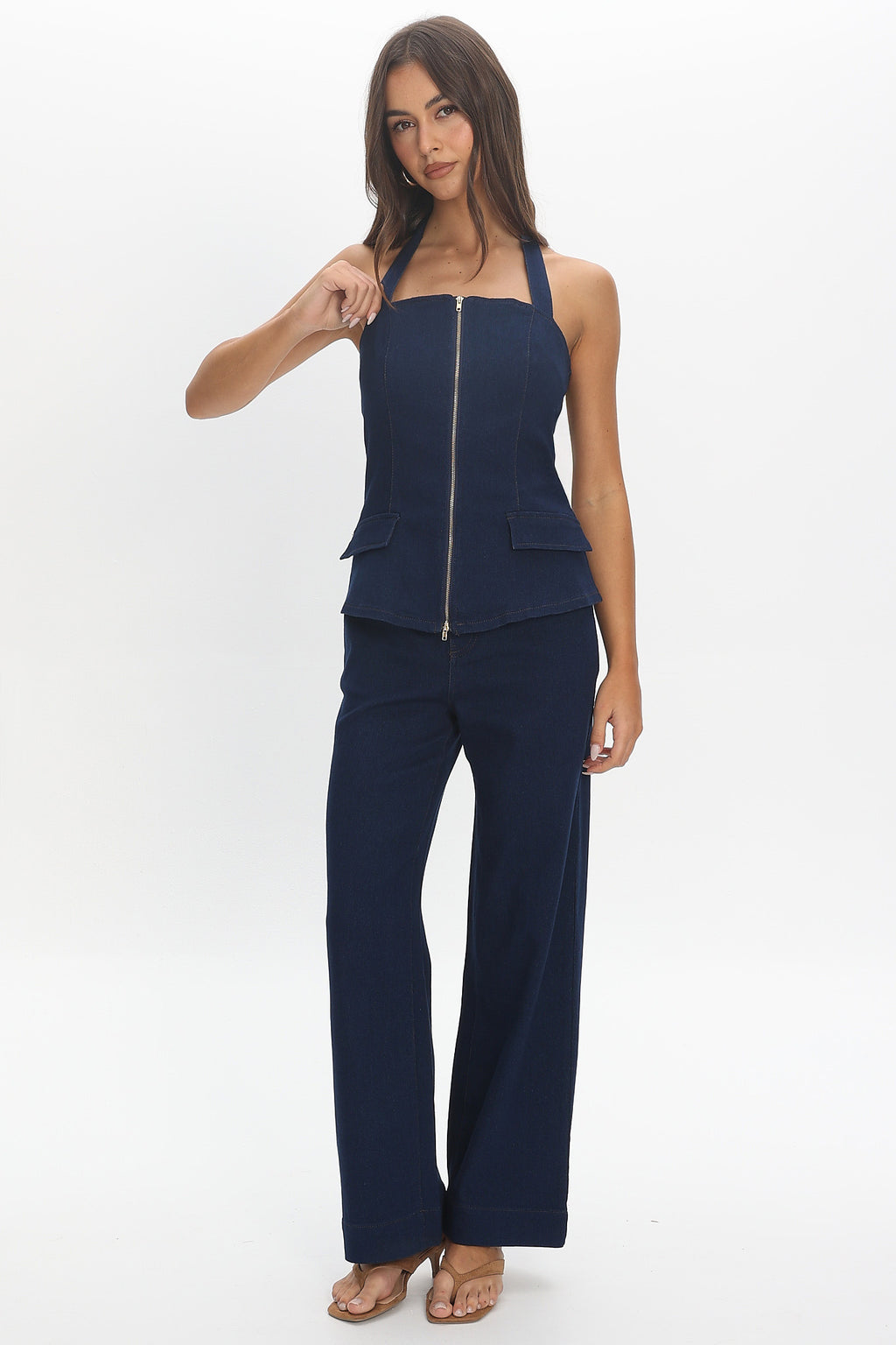 Route 66 Zip Wide Leg Trousers Denim Blue