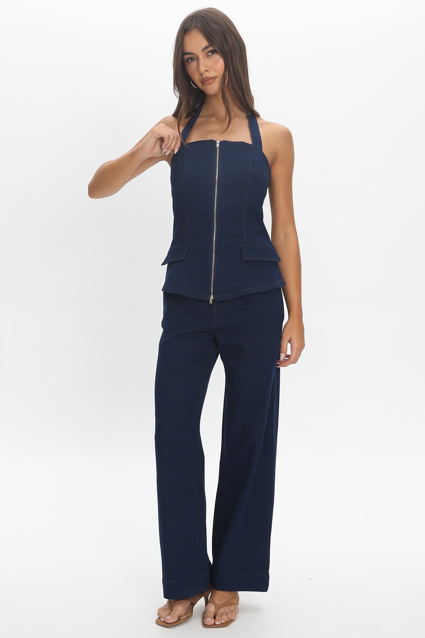 Route 66 Zip Wide Leg Trousers Denim Blue