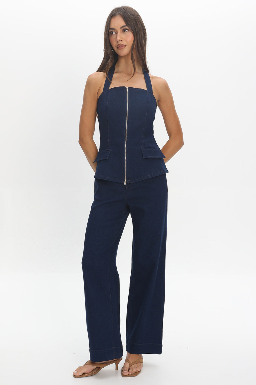 Route 66 Zip Front Corset Top Denim Blue