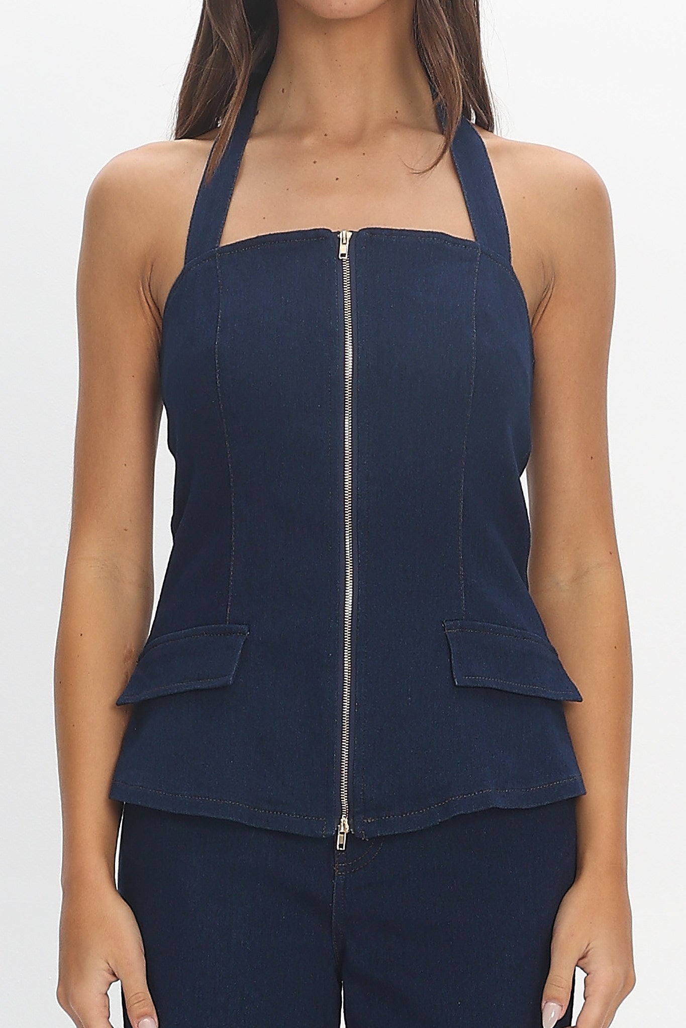 Route 66 Zip Front Corset Top Denim Blue