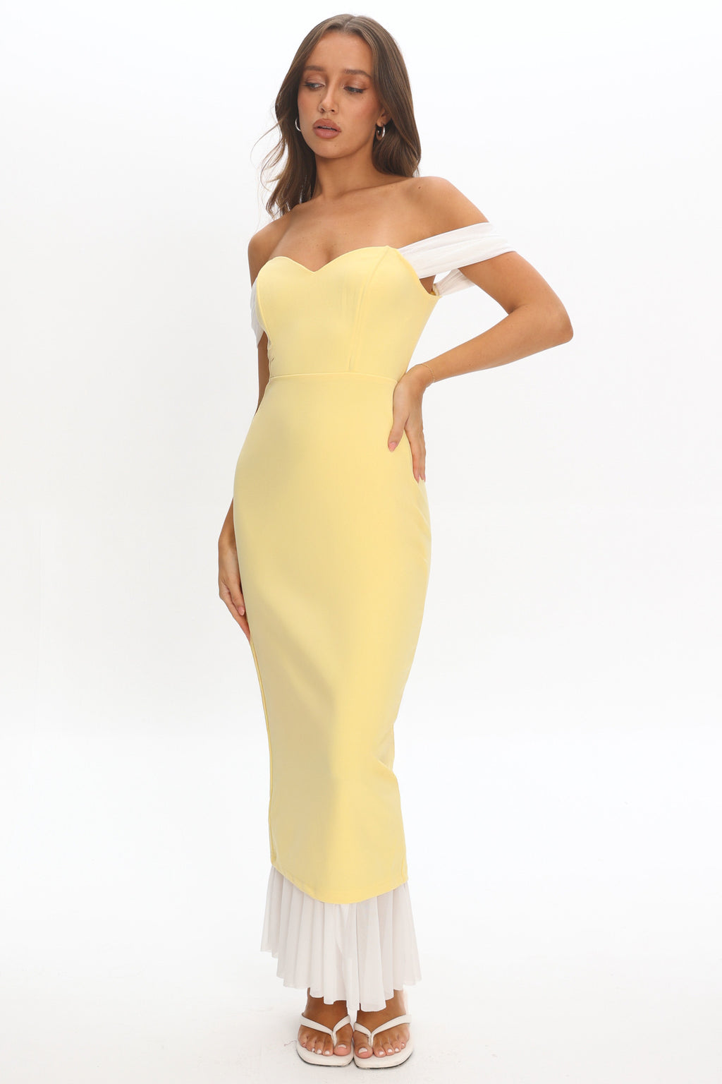 Freesia Off Shoulder Bodycon Midi Dress Lemon by Selfie Leslie Australia