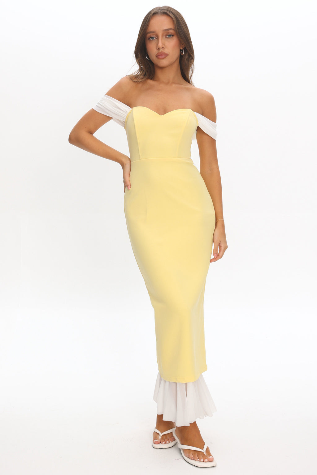 Freesia Off Shoulder Bodycon Midi Dress Lemon by Selfie Leslie Australia