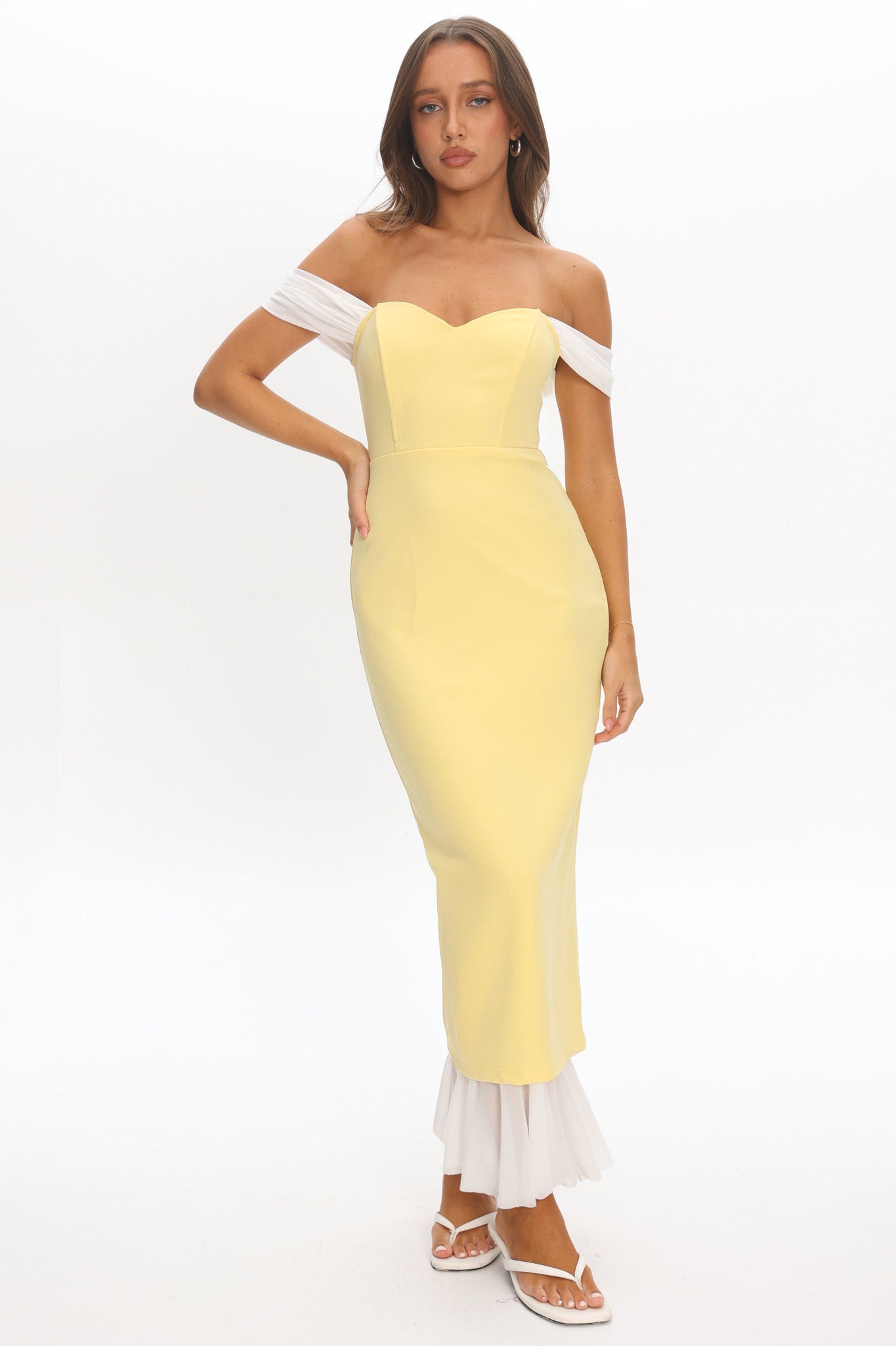 Freesia Off Shoulder Bodycon Midi Dress Lemon by Selfie Leslie Australia