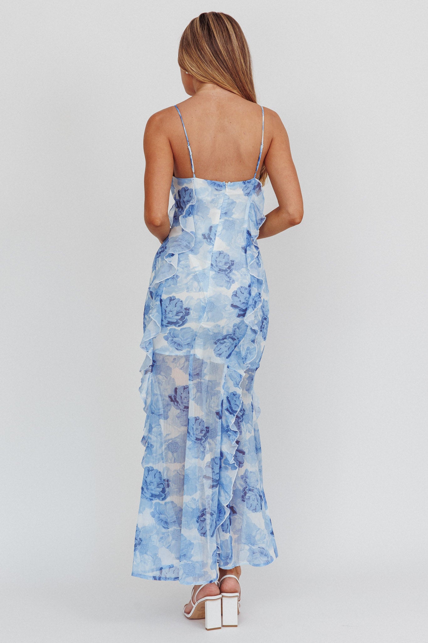 Frannie Vertical Ruffle Maxi Dress Floral Blue by Selfie Leslie Australia