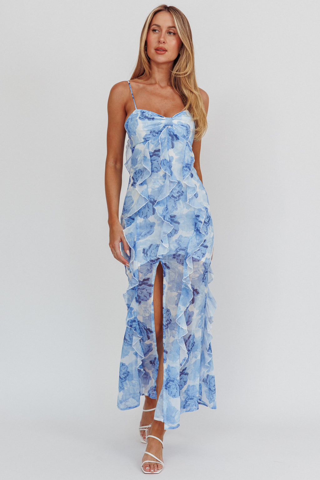 Frannie Vertical Ruffle Maxi Dress Floral Blue by Selfie Leslie Australia