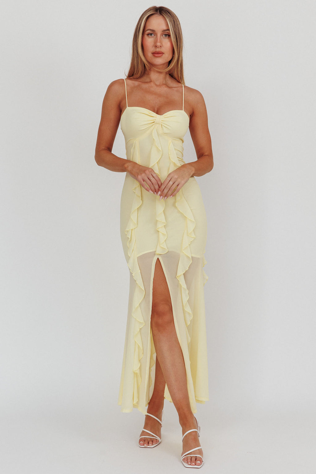 Frannie Vertical Ruffle Maxi Dress Lemon by Selfie Leslie Australia