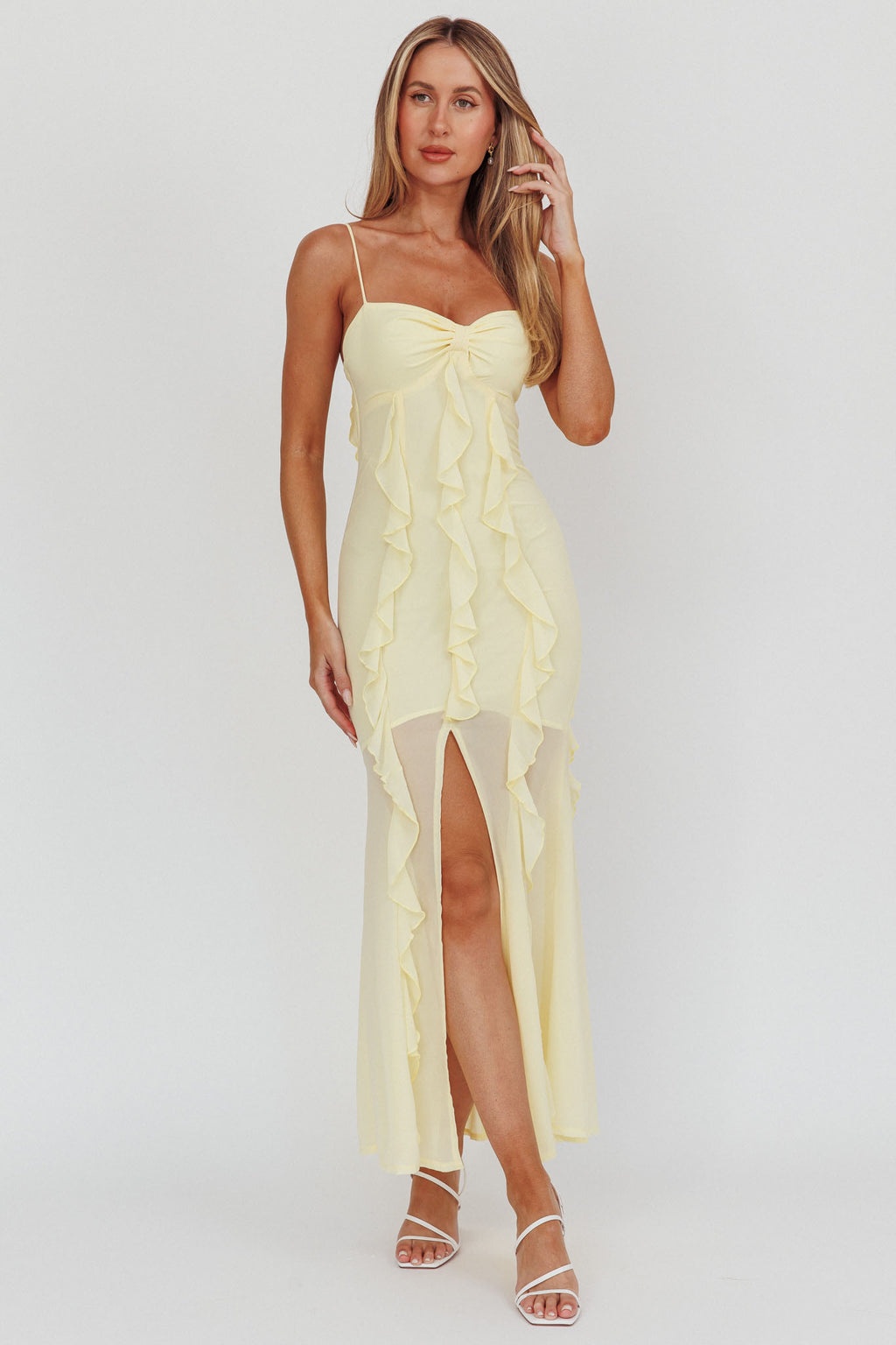 Frannie Vertical Ruffle Maxi Dress Lemon by Selfie Leslie Australia