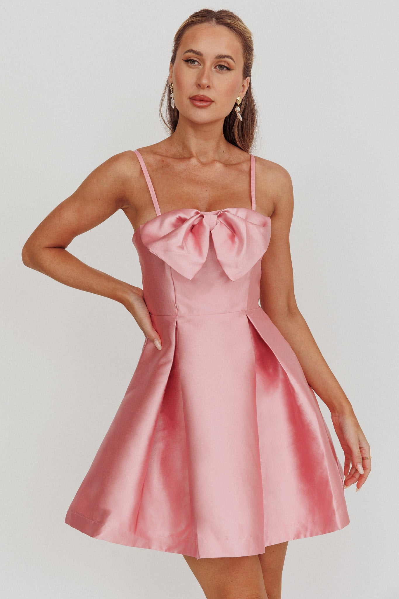 Love Talk Flared Bow Mini Dress Pink by Selfie Leslie Australia