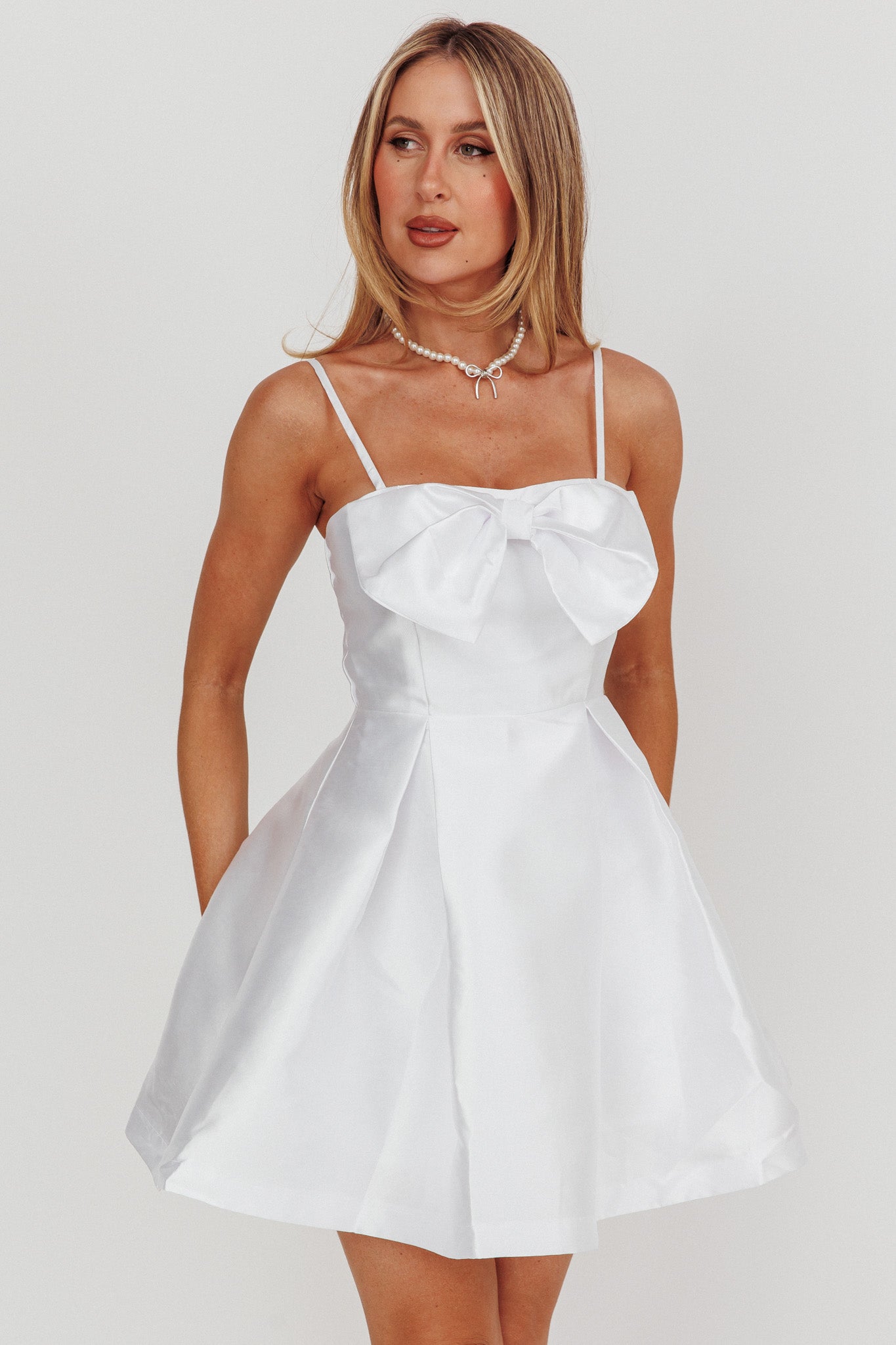 Love Talk Flared Bow Mini Dress White by Selfie Leslie Australia