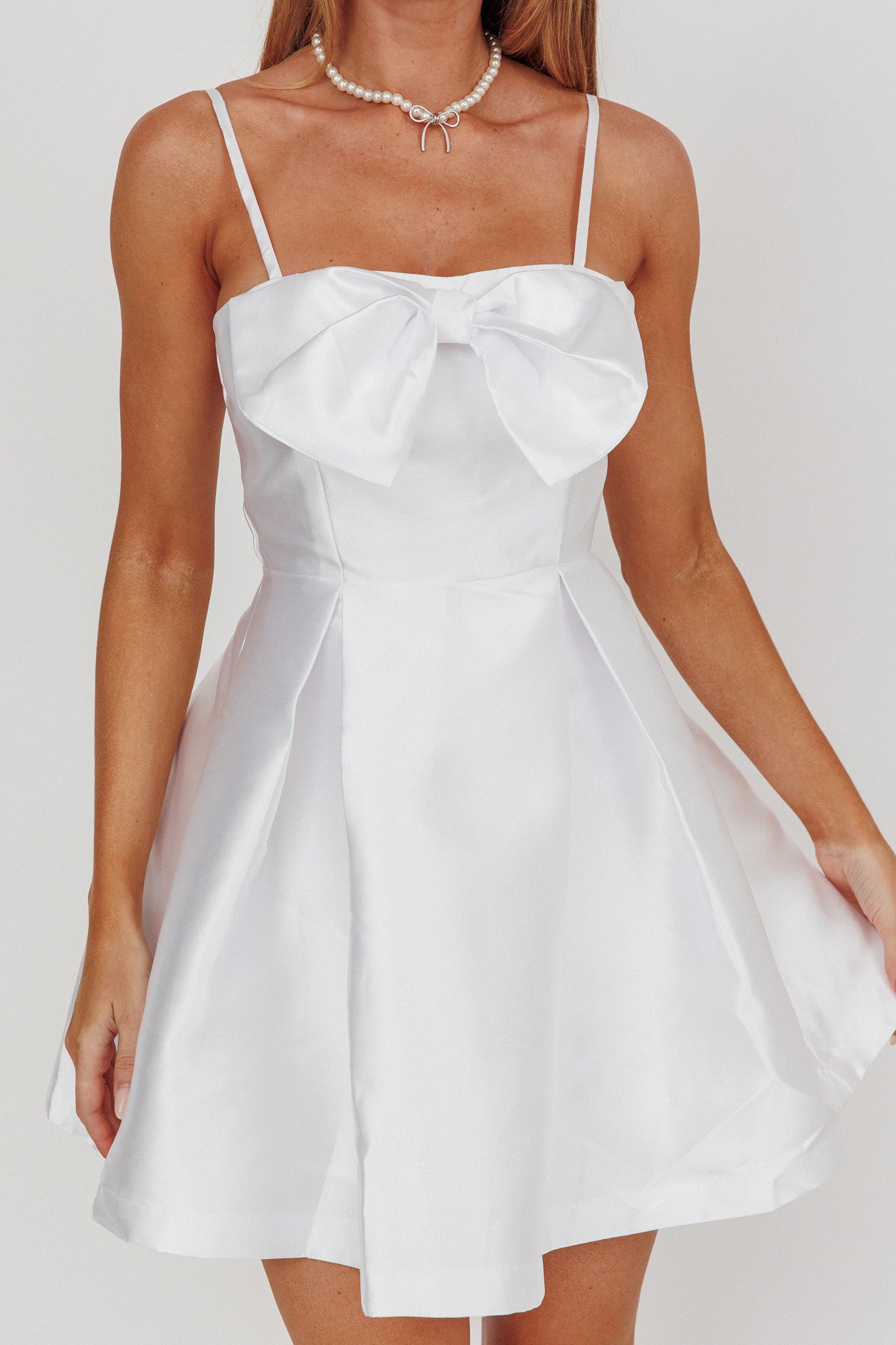 Love Talk Flared Bow Mini Dress White by Selfie Leslie Australia