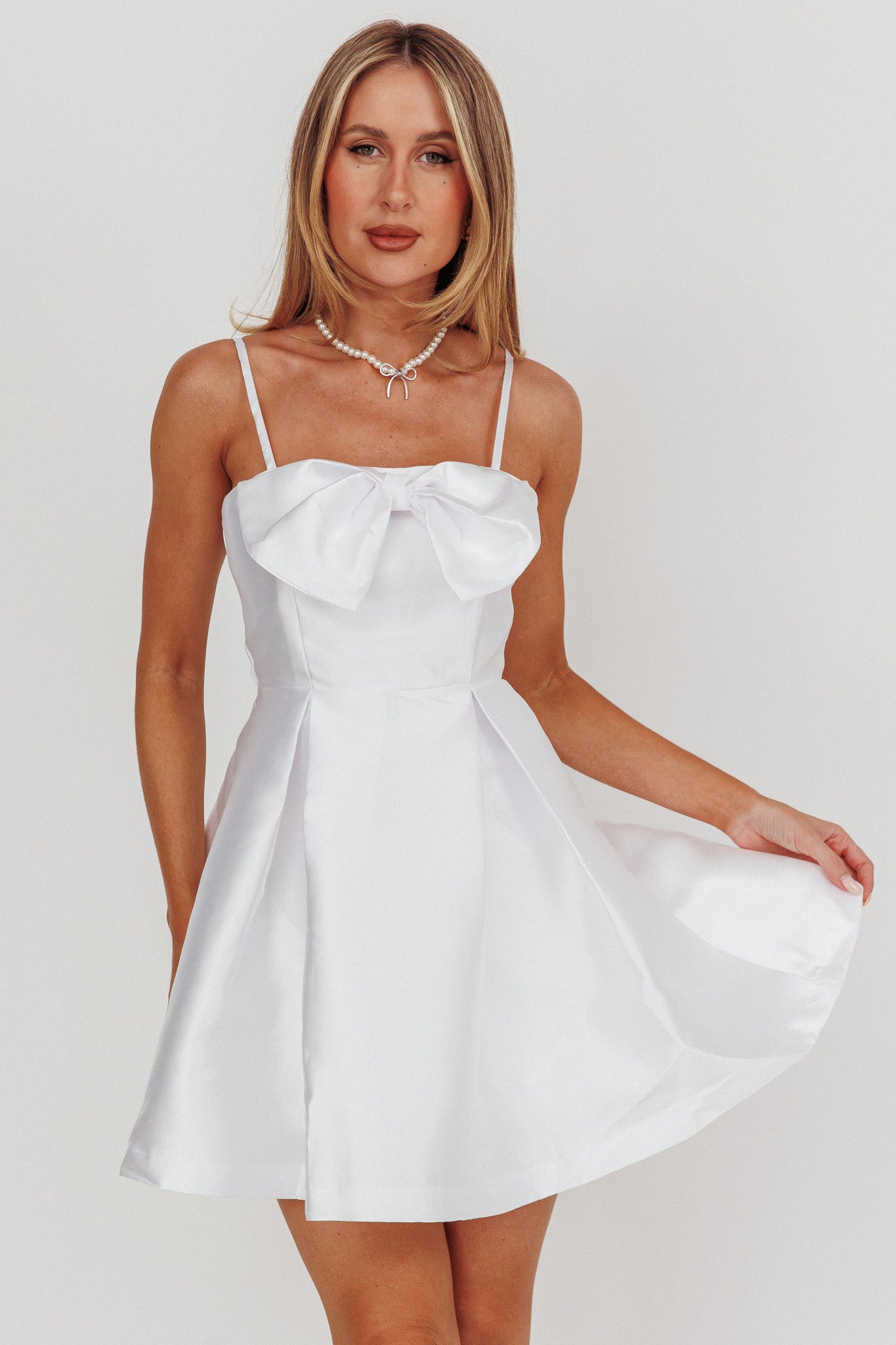 Love Talk Flared Bow Mini Dress White by Selfie Leslie Australia