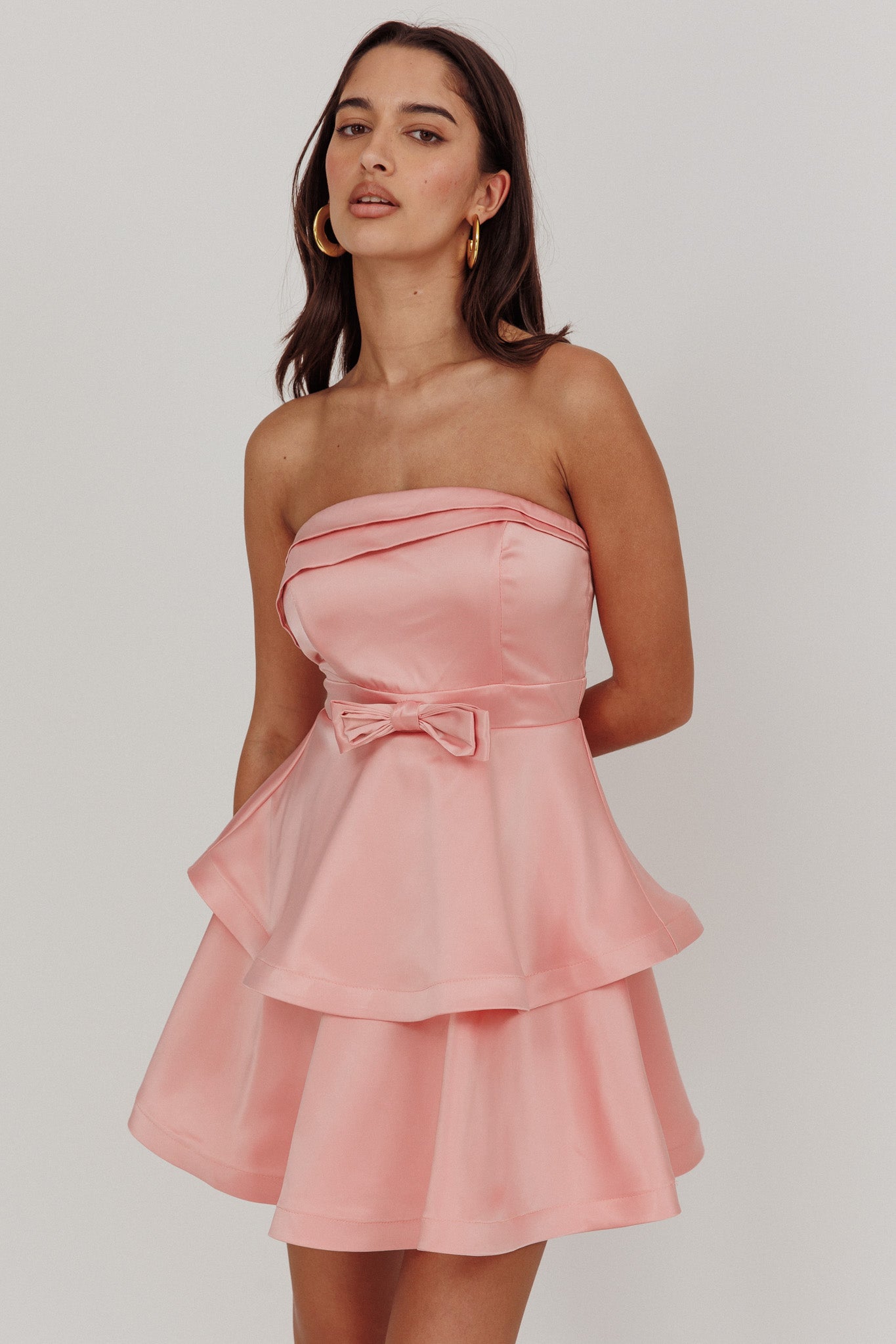 Alix Strapless Tiered Ruffle Mini Dress Rose Pink by Selfie Leslie Australia