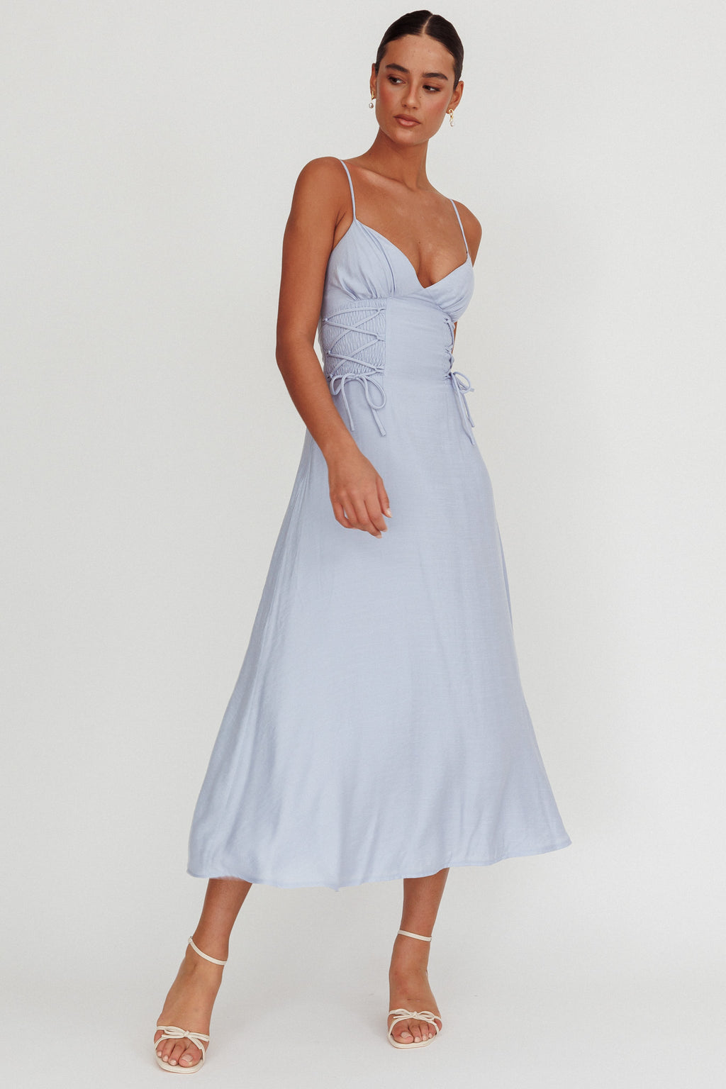 Kalaya Lace-Up Waist Midi Dress Light Blue by Selfie Leslie Australia