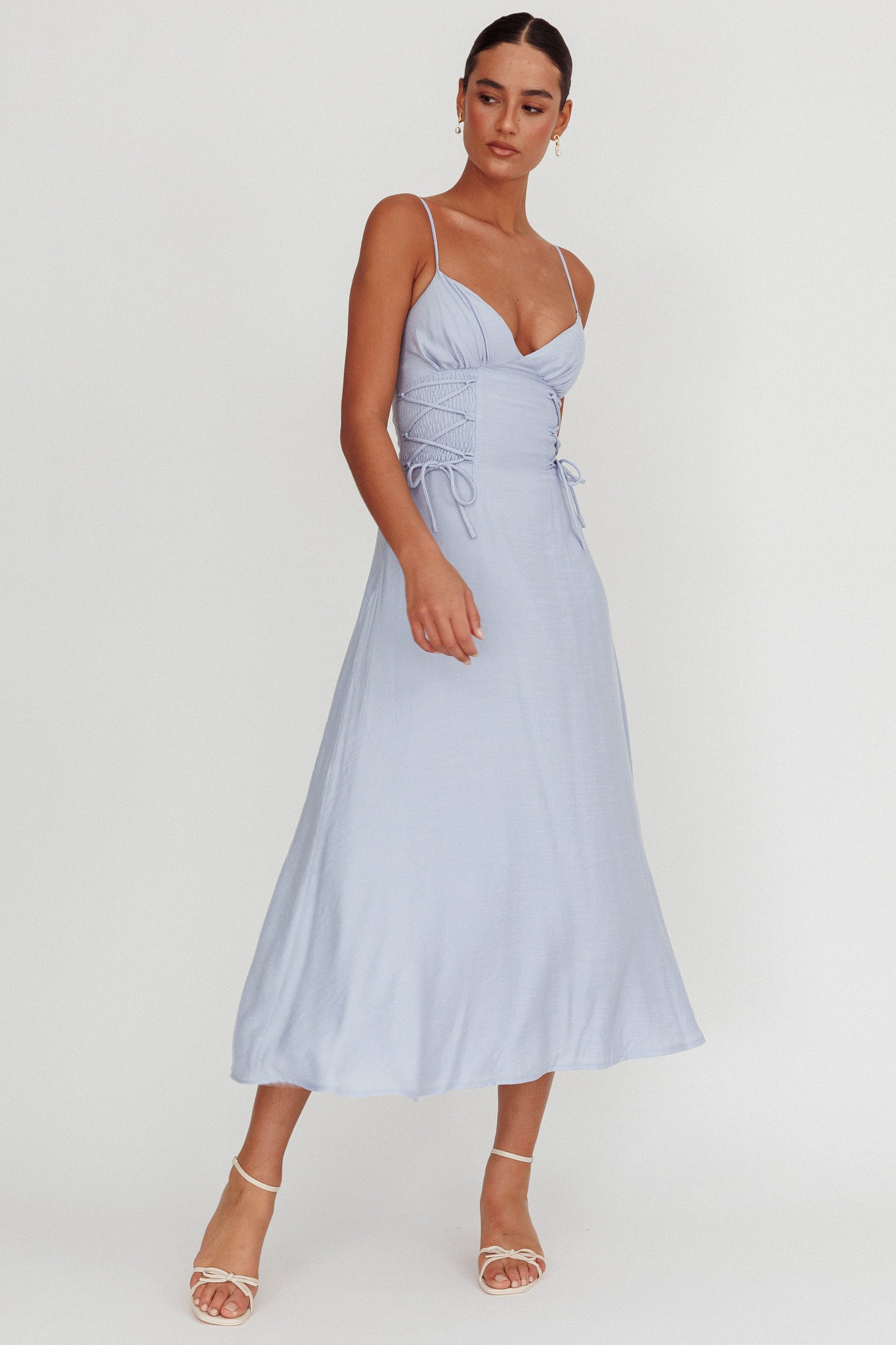 Kalaya Lace-Up Waist Midi Dress Light Blue by Selfie Leslie Australia