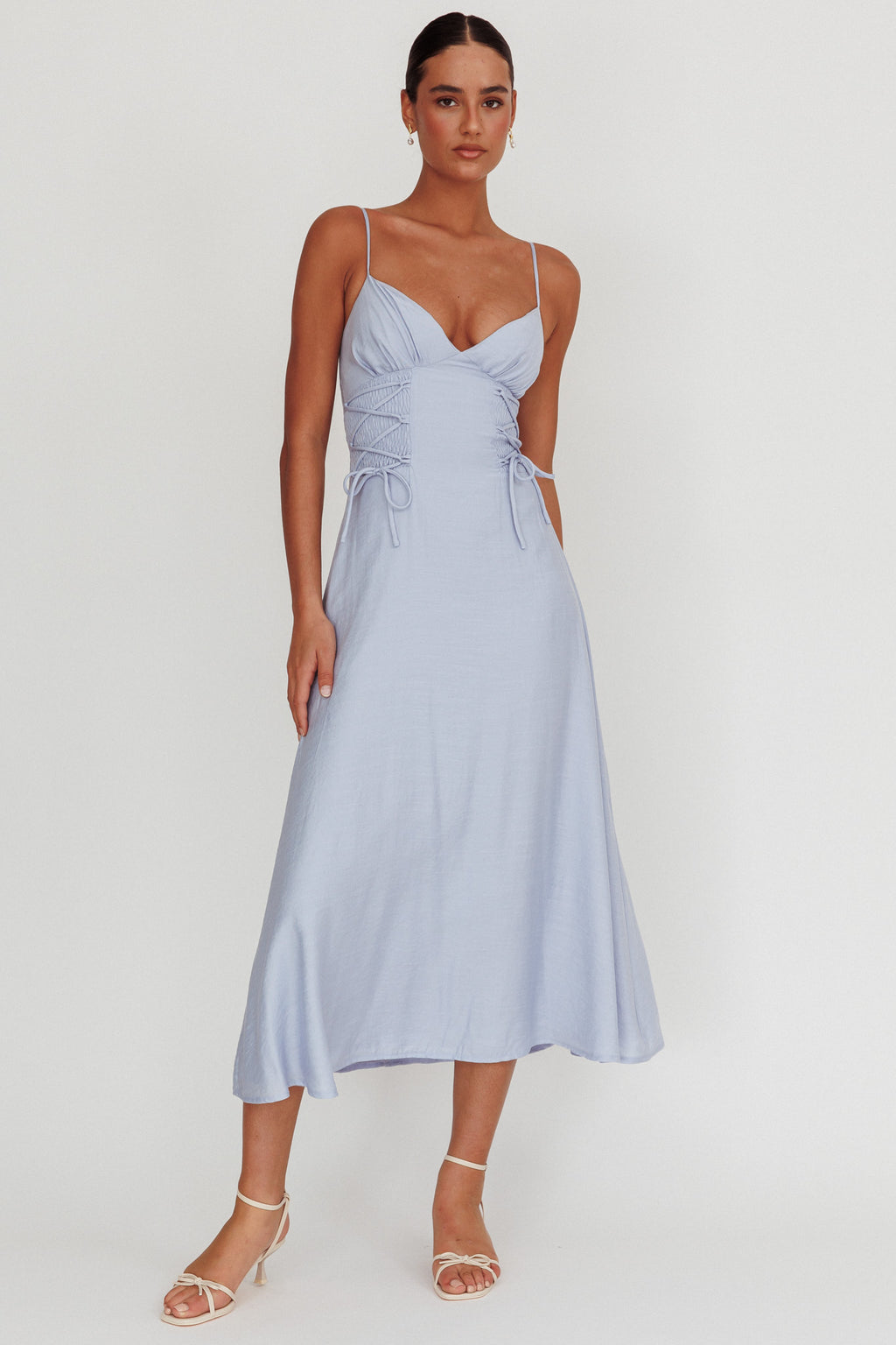 Kalaya Lace-Up Waist Midi Dress Light Blue by Selfie Leslie Australia