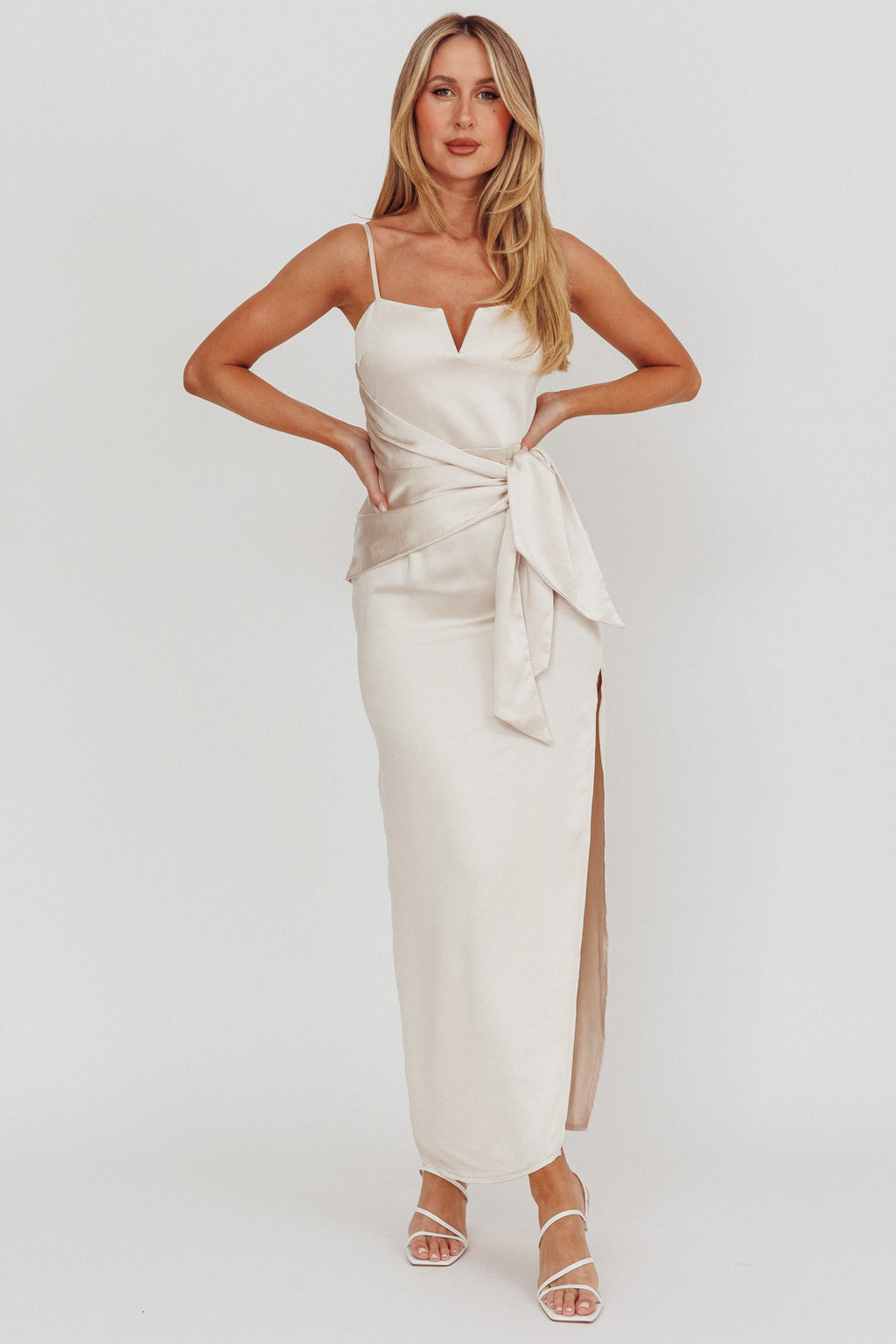 Celestine Waist Tie Satin Maxi Dress Light Champagne by Selfie Leslie Australia