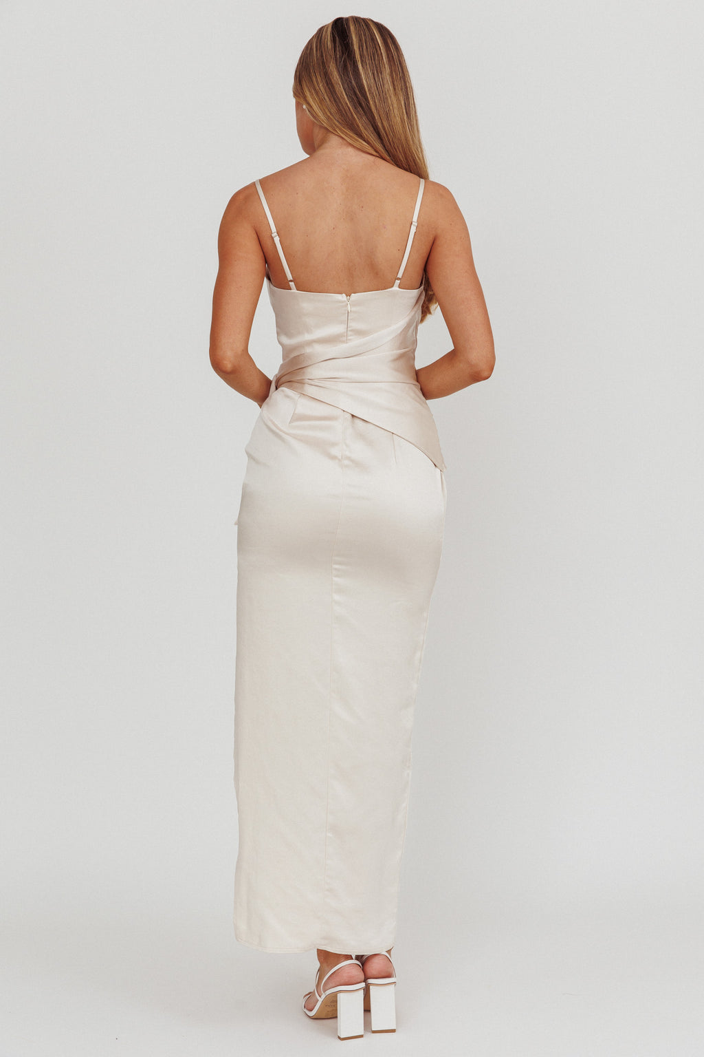Celestine Waist Tie Satin Maxi Dress Light Champagne by Selfie Leslie Australia