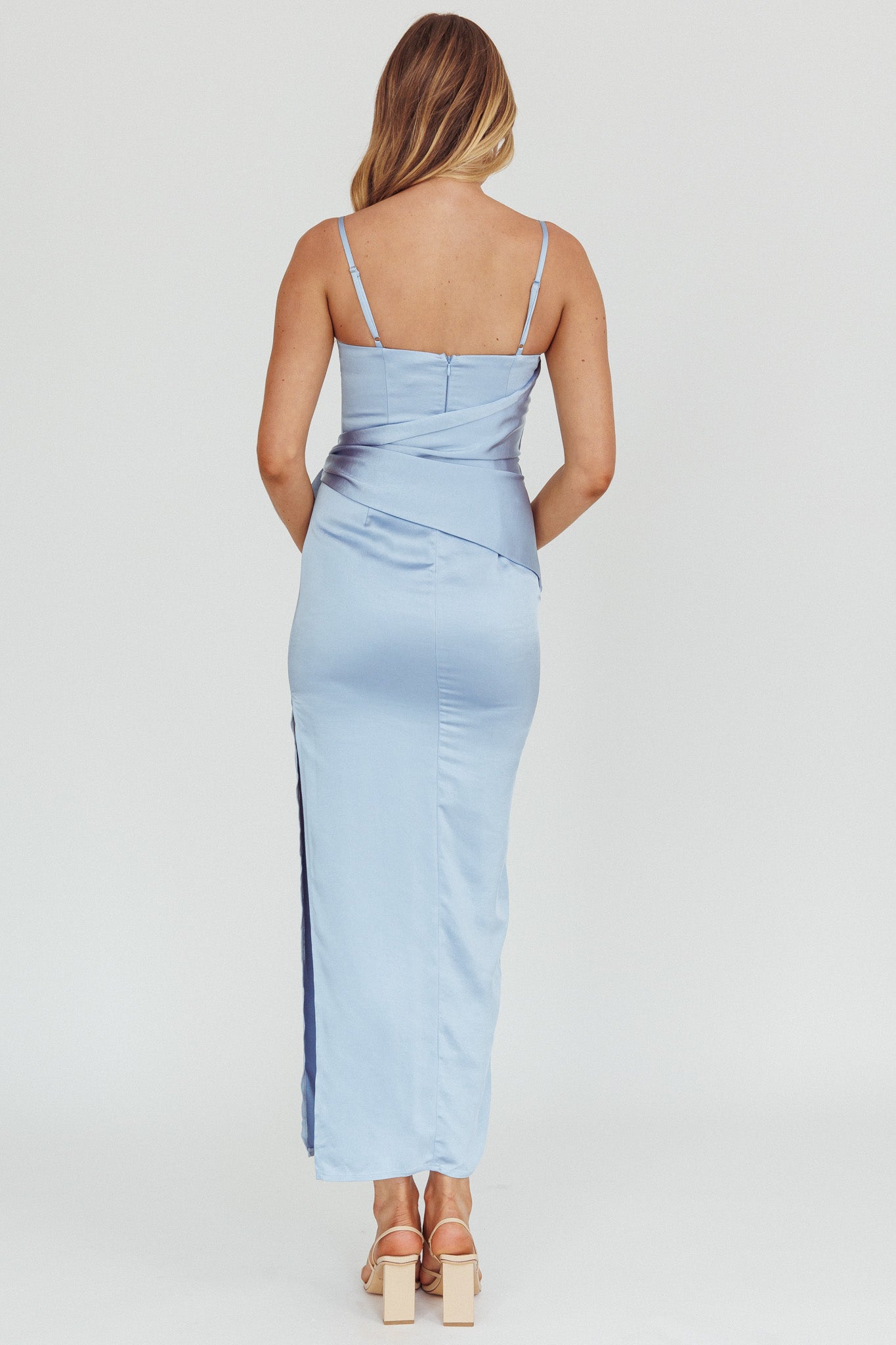 Celestine Waist Tie Satin Maxi Dress Light Blue by Selfie Leslie Australia