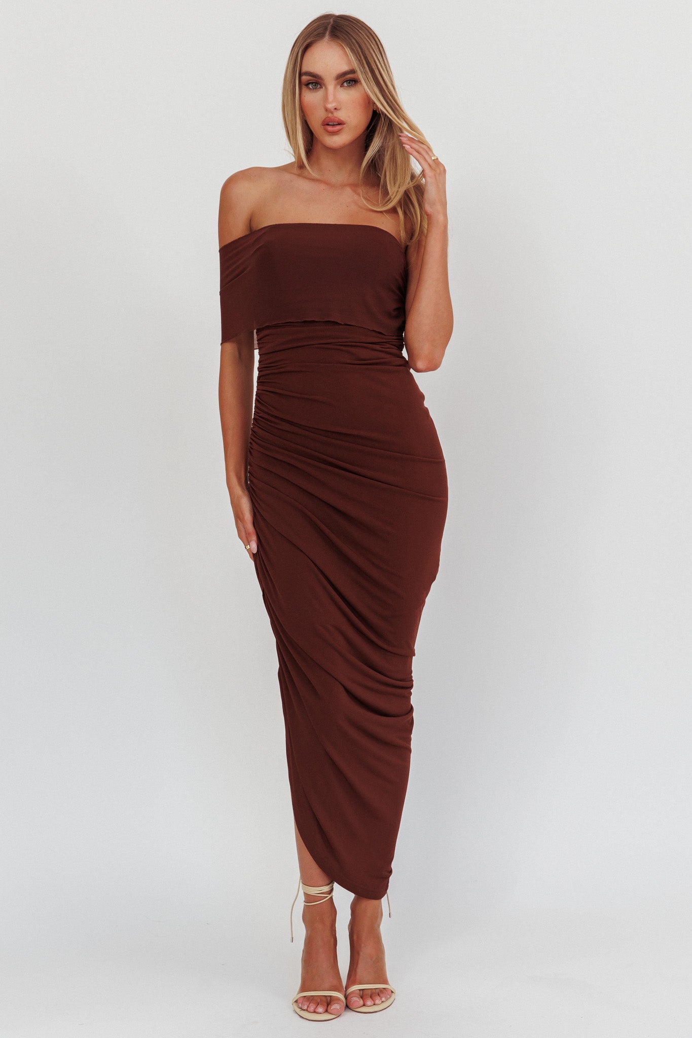 Matches One Shoulder Bodycon Maxi Dress Chocolate by Selfie Leslie Australia