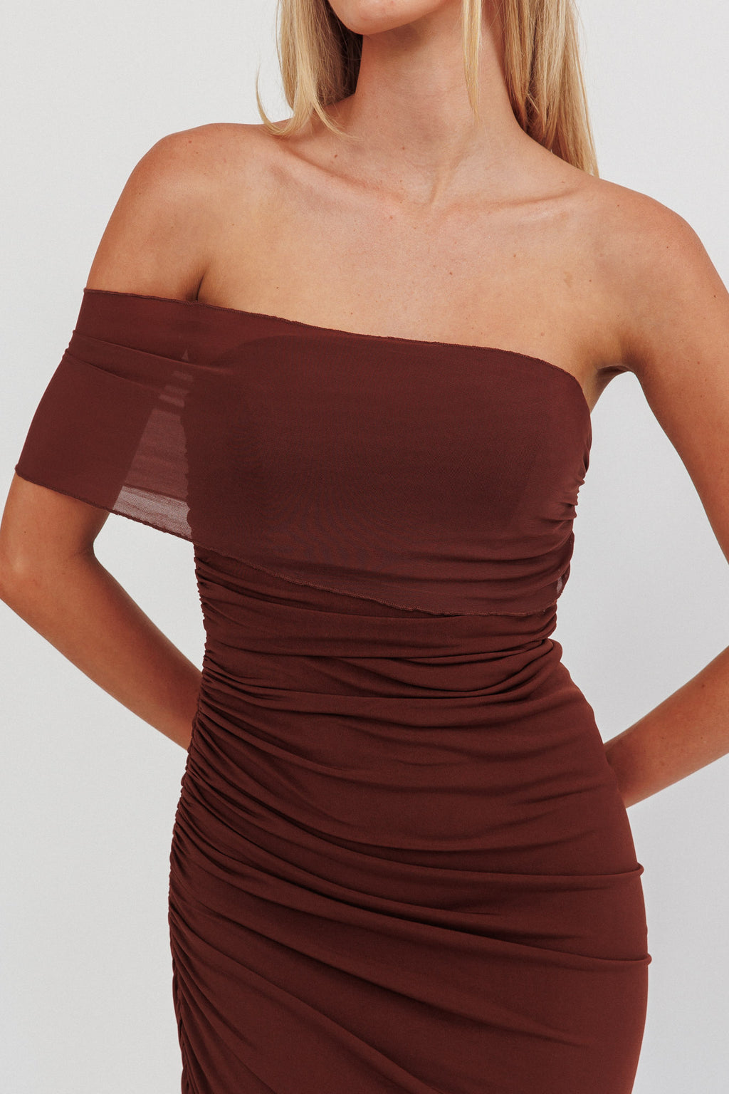 Matches One Shoulder Bodycon Maxi Dress Chocolate by Selfie Leslie Australia