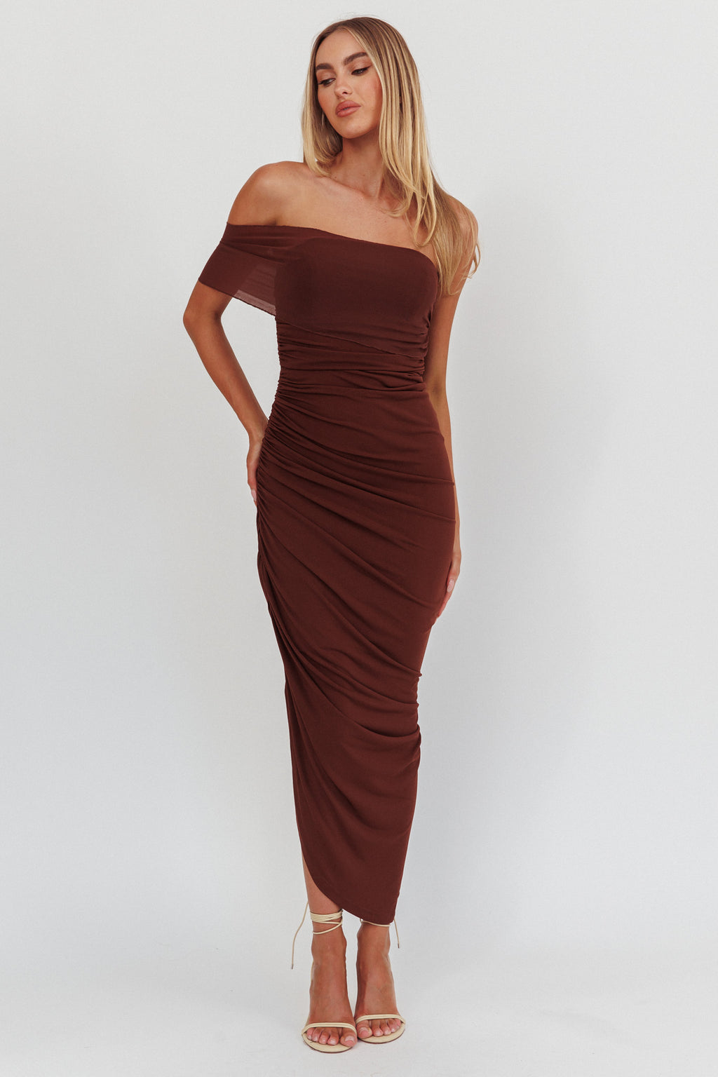 Matches One Shoulder Bodycon Maxi Dress Chocolate by Selfie Leslie Australia