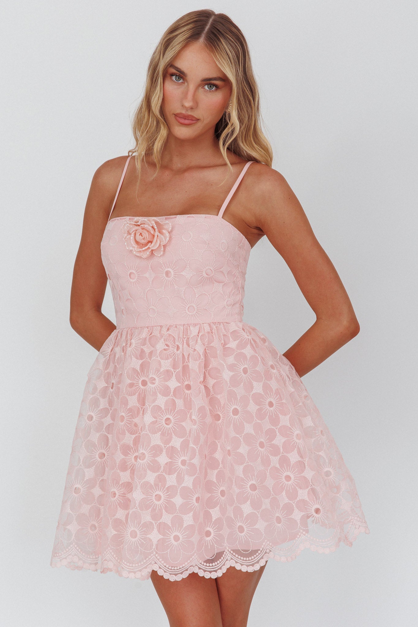 Bahia A-Line Square Neckline Mini Dress Lace Blush by Selfie Leslie Australia
