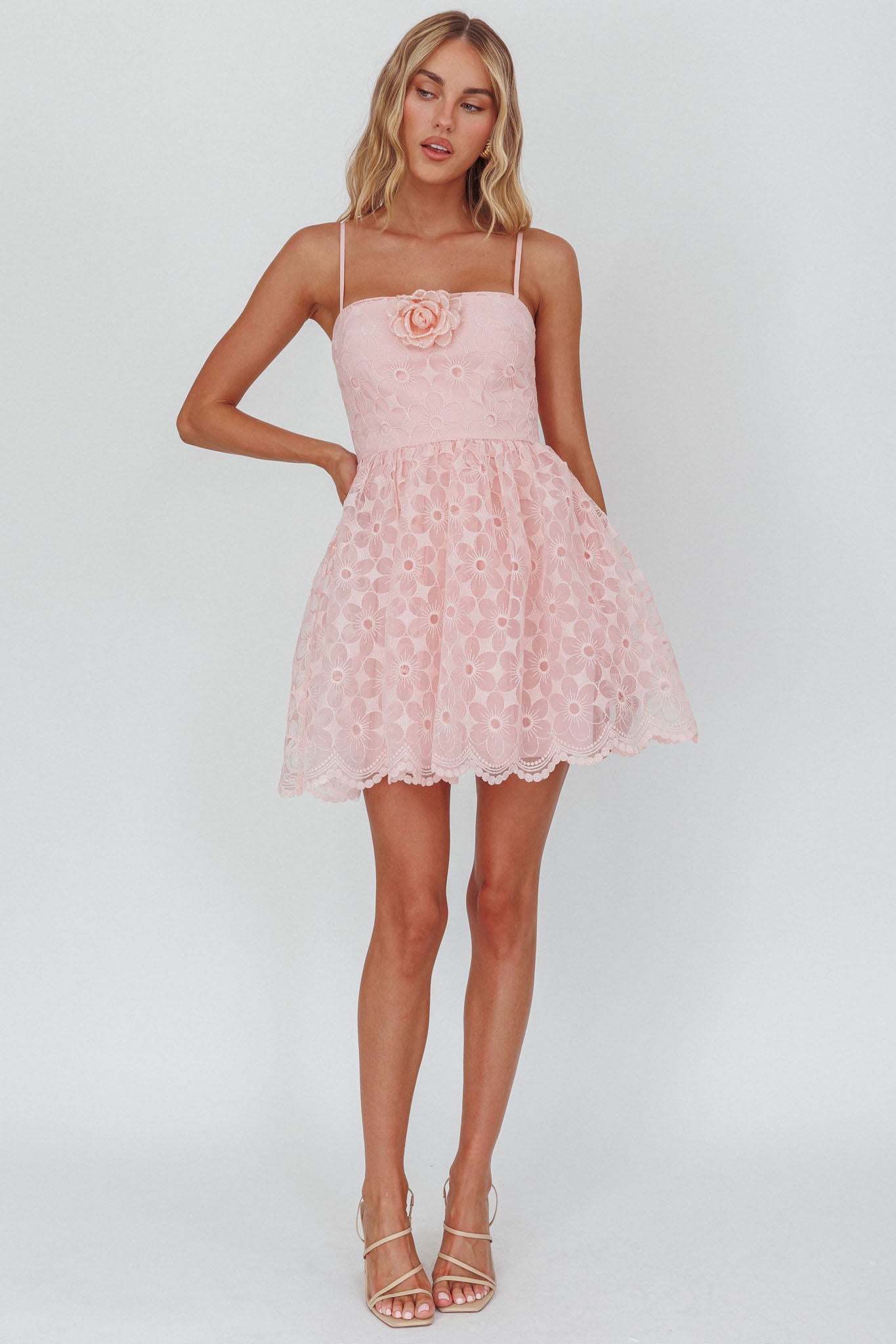 Bahia A-Line Square Neckline Mini Dress Lace Blush by Selfie Leslie Australia