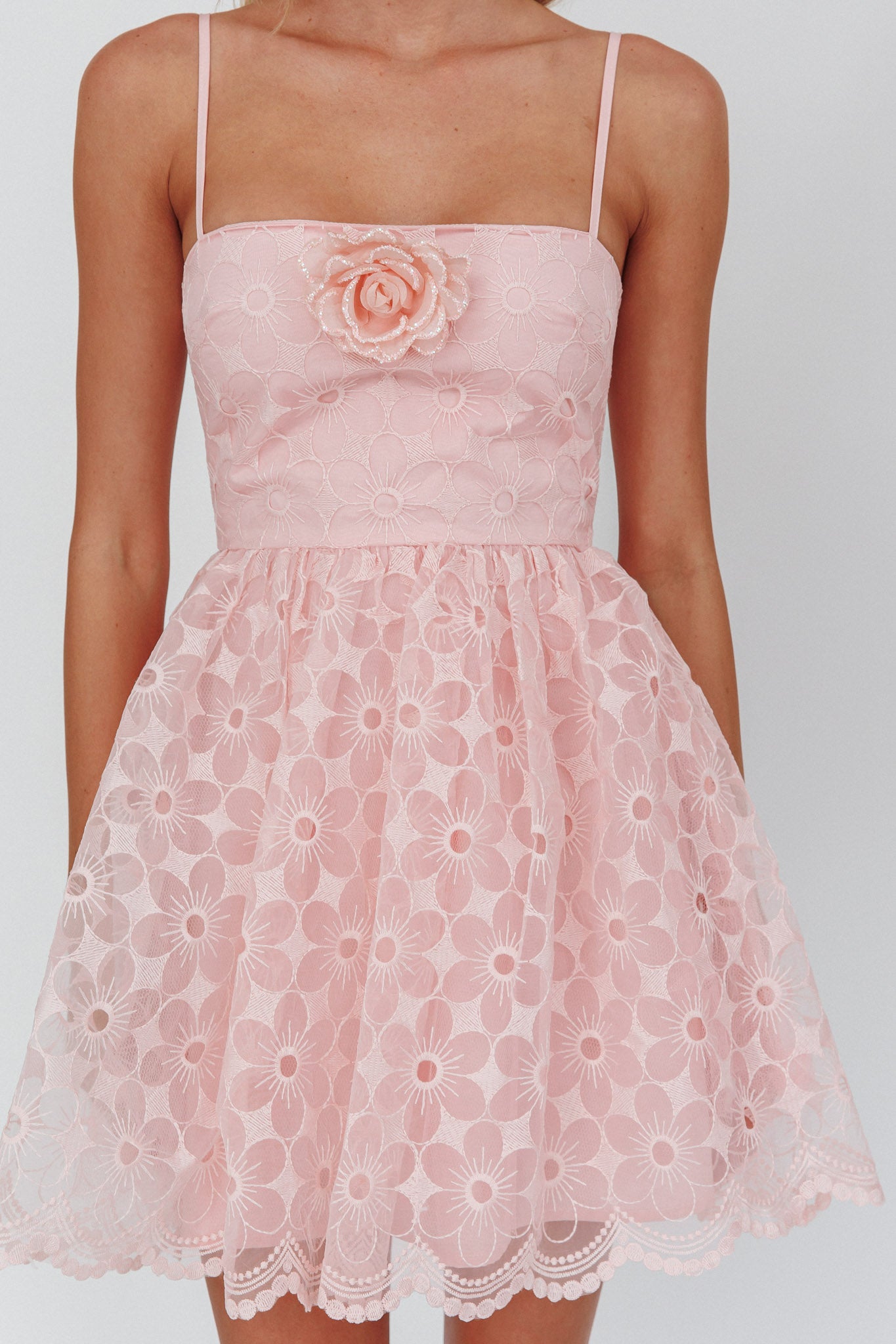 Bahia A-Line Square Neckline Mini Dress Lace Blush by Selfie Leslie Australia