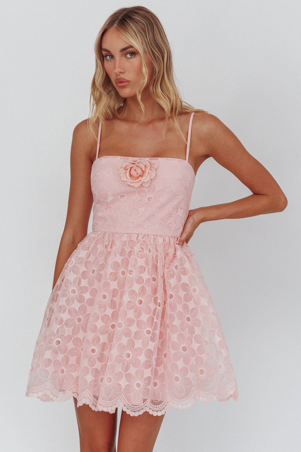 Bahia A-Line Square Neckline Mini Dress Lace Blush by Selfie Leslie Australia