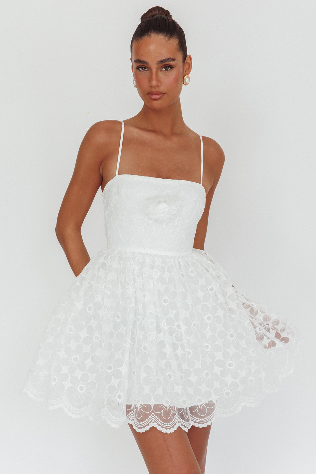 Bahia A-Line Square Neckline Mini Dress Lace White by Selfie Leslie Australia