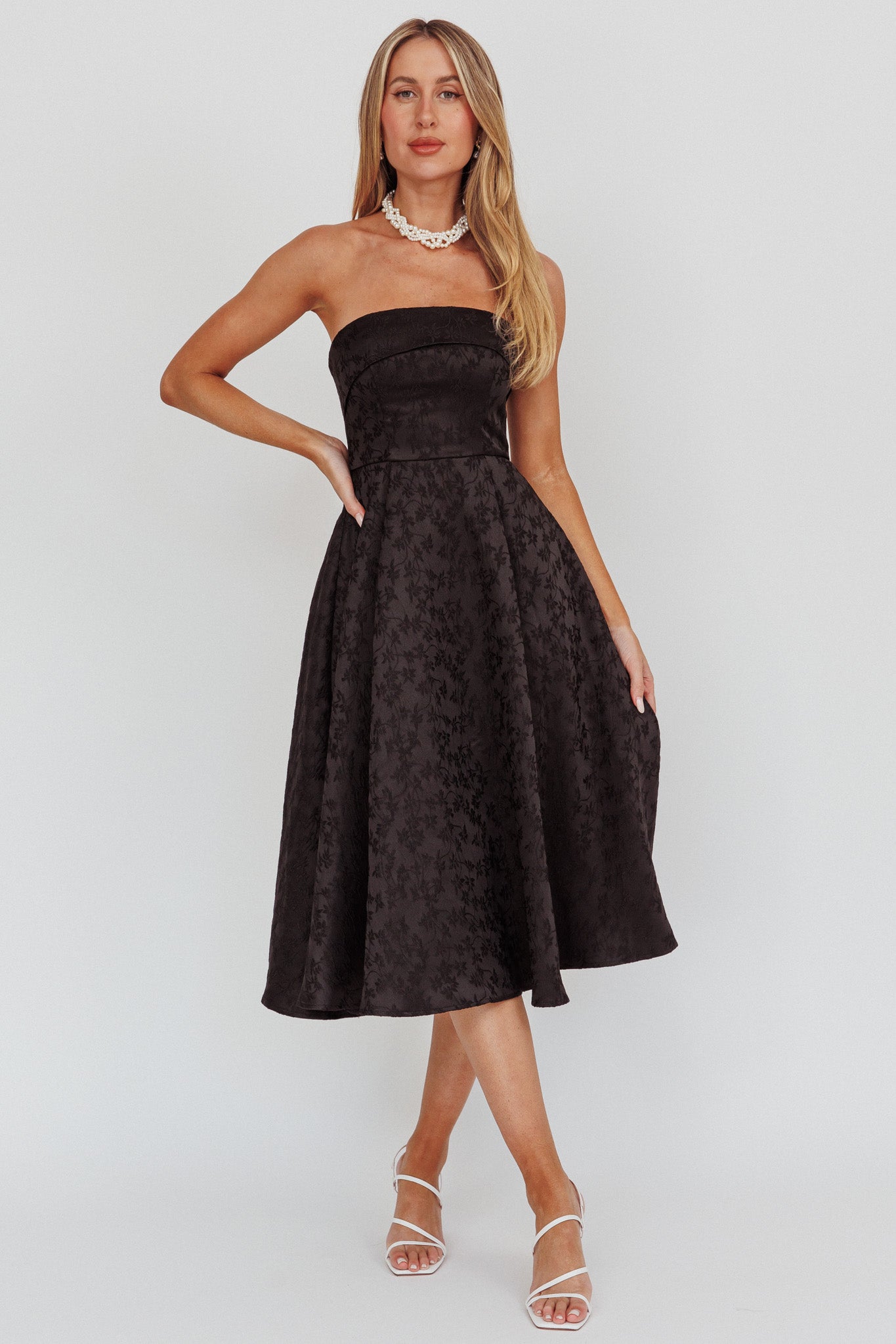 Worship Strapless A-Line Midi Dress Black by Selfie Leslie Australia