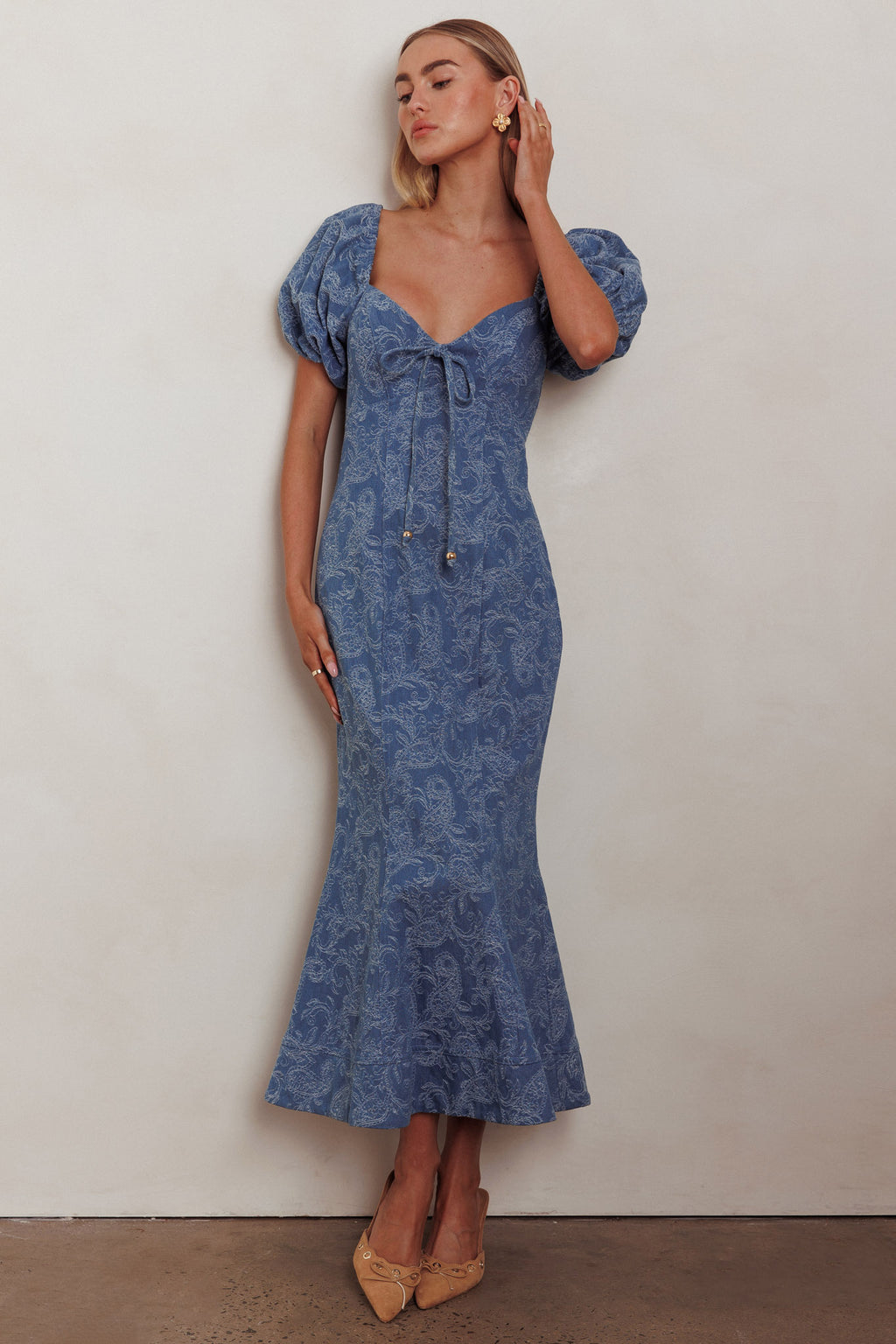 Feeling Electric Puff Sleeves Mermaid Maxi Dress Denim Blue by Selfie Leslie Australia