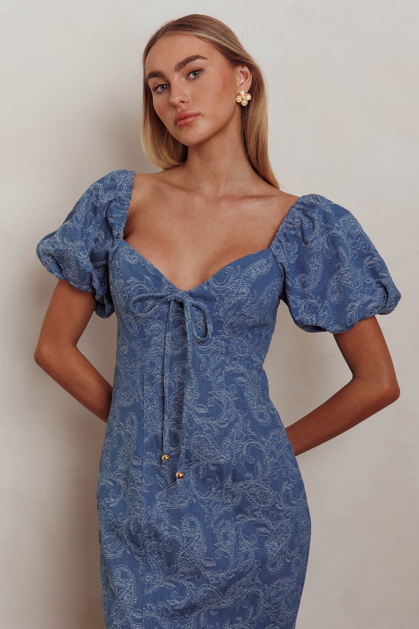 Feeling Electric Puff Sleeves Mermaid Maxi Dress Denim Blue by Selfie Leslie Australia