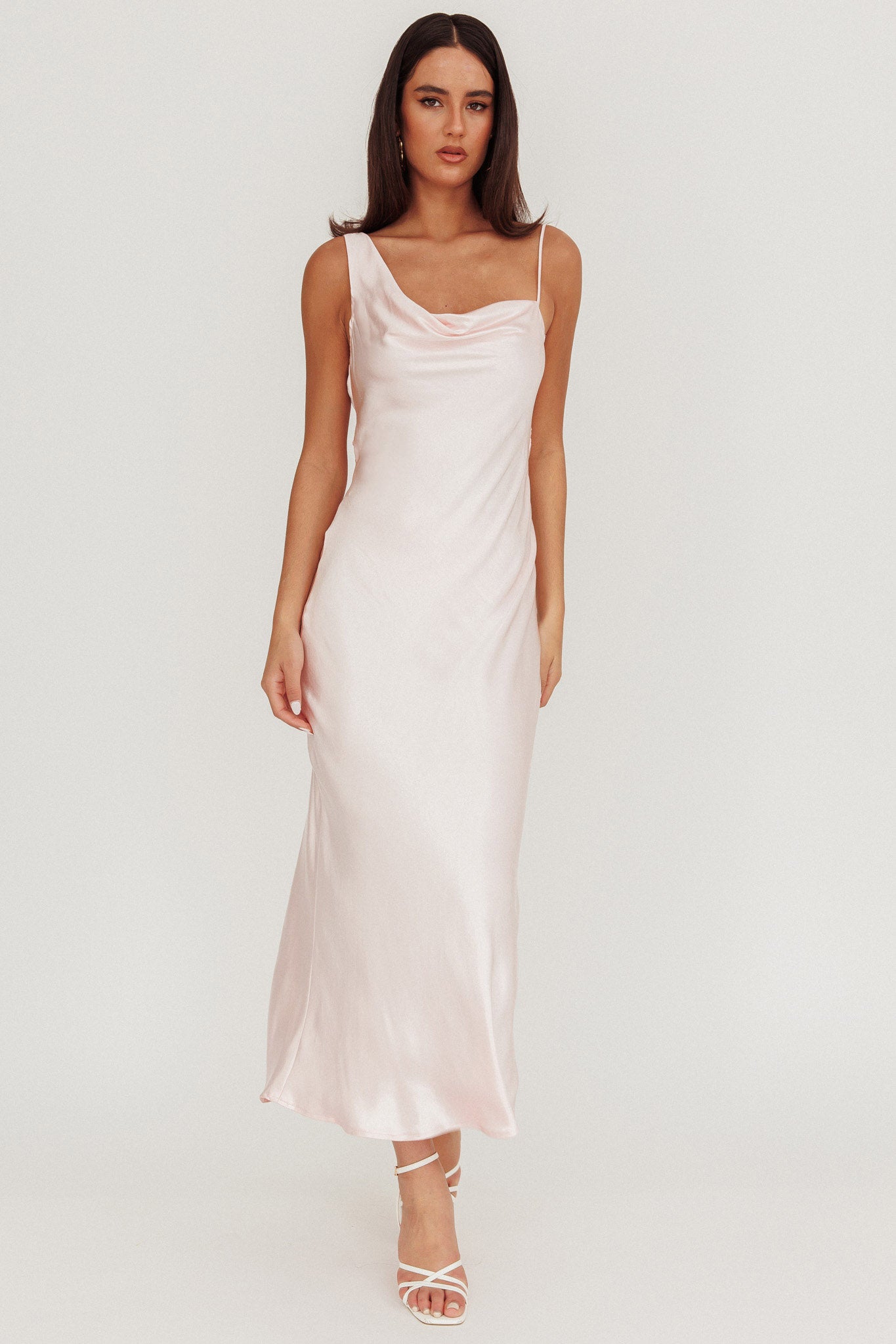 Treats Cowl Back Satin Maxi Dress Baby Pink by Selfie Leslie Australia