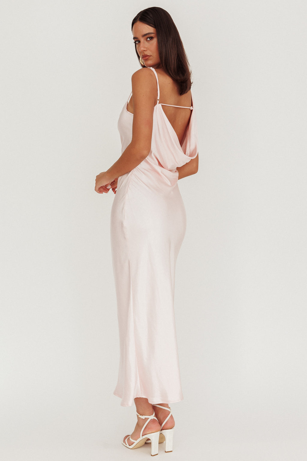 Treats Cowl Back Satin Maxi Dress Baby Pink by Selfie Leslie Australia