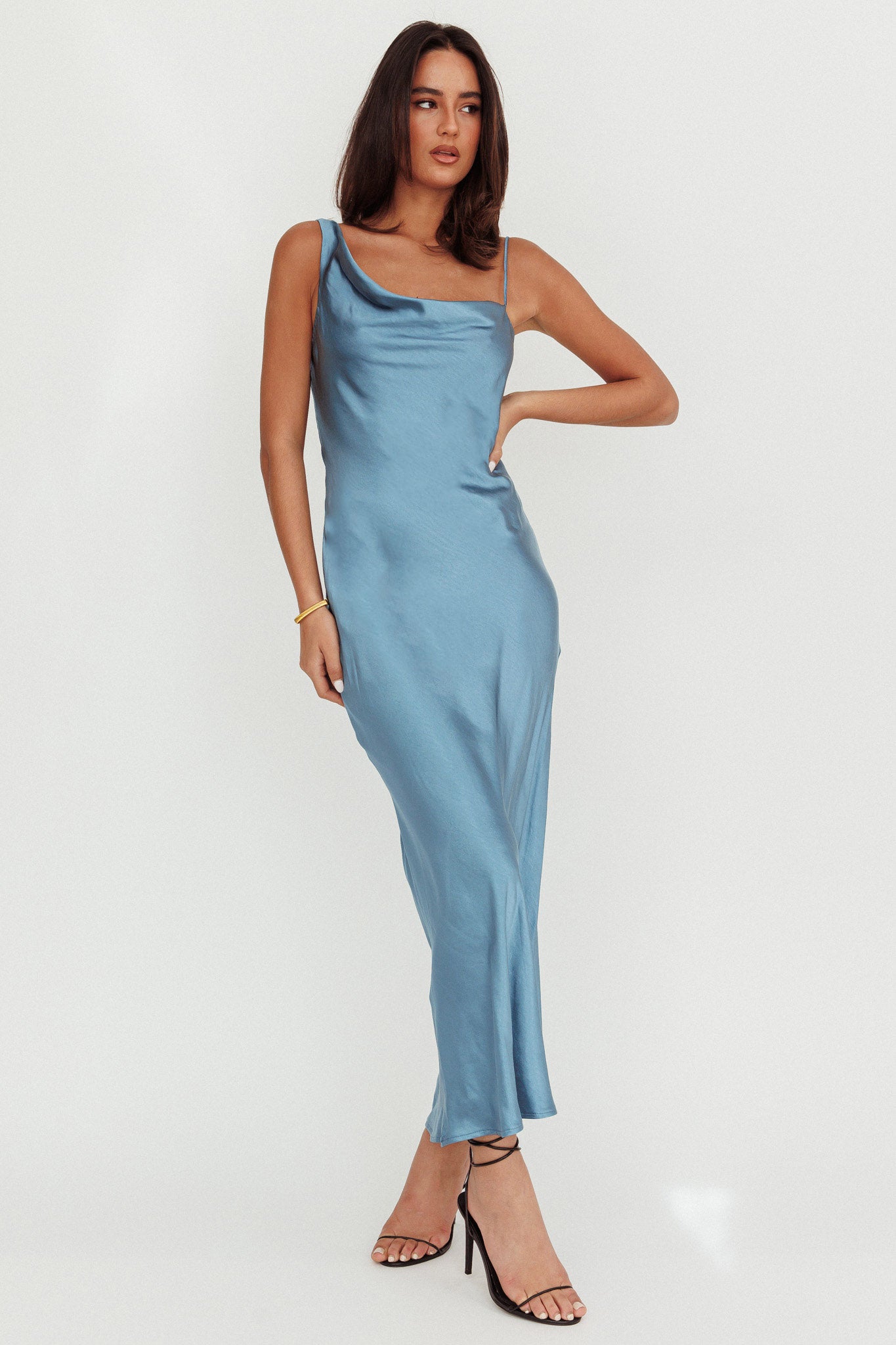 Treats Cowl Back Satin Maxi Dress Steel Blue by Selfie Leslie Australia