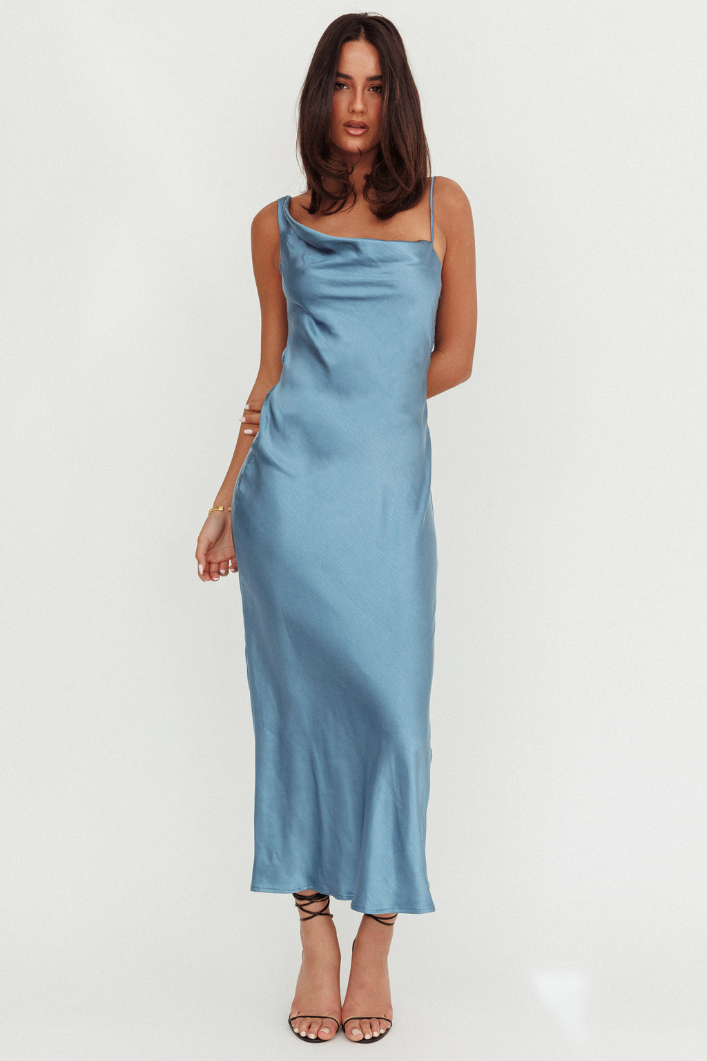 Treats Cowl Back Satin Maxi Dress Steel Blue by Selfie Leslie Australia