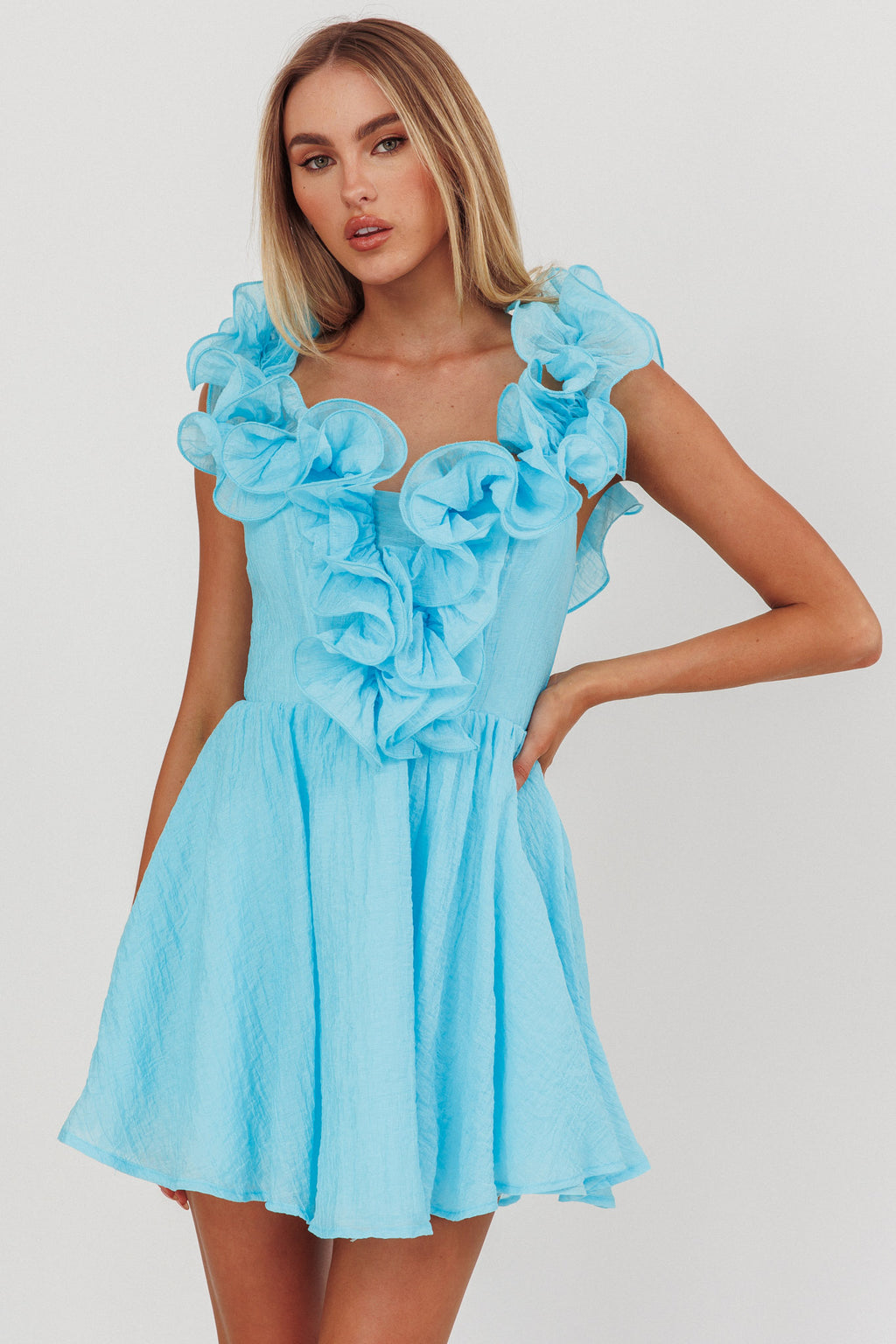 Nivaya Ruffle Neckline Mini Dress Ocean by Selfie Leslie Australia