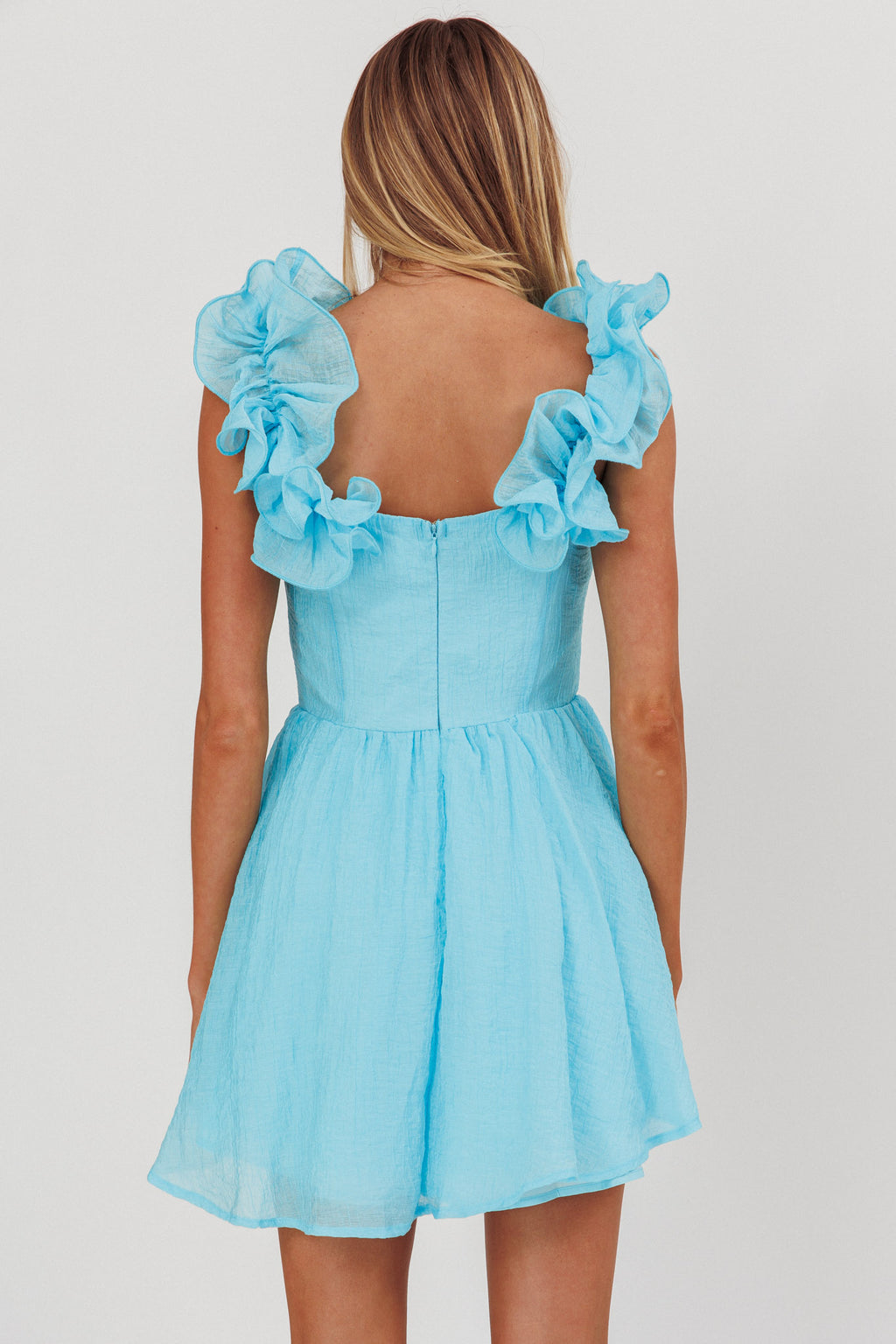 Nivaya Ruffle Neckline Mini Dress Ocean by Selfie Leslie Australia
