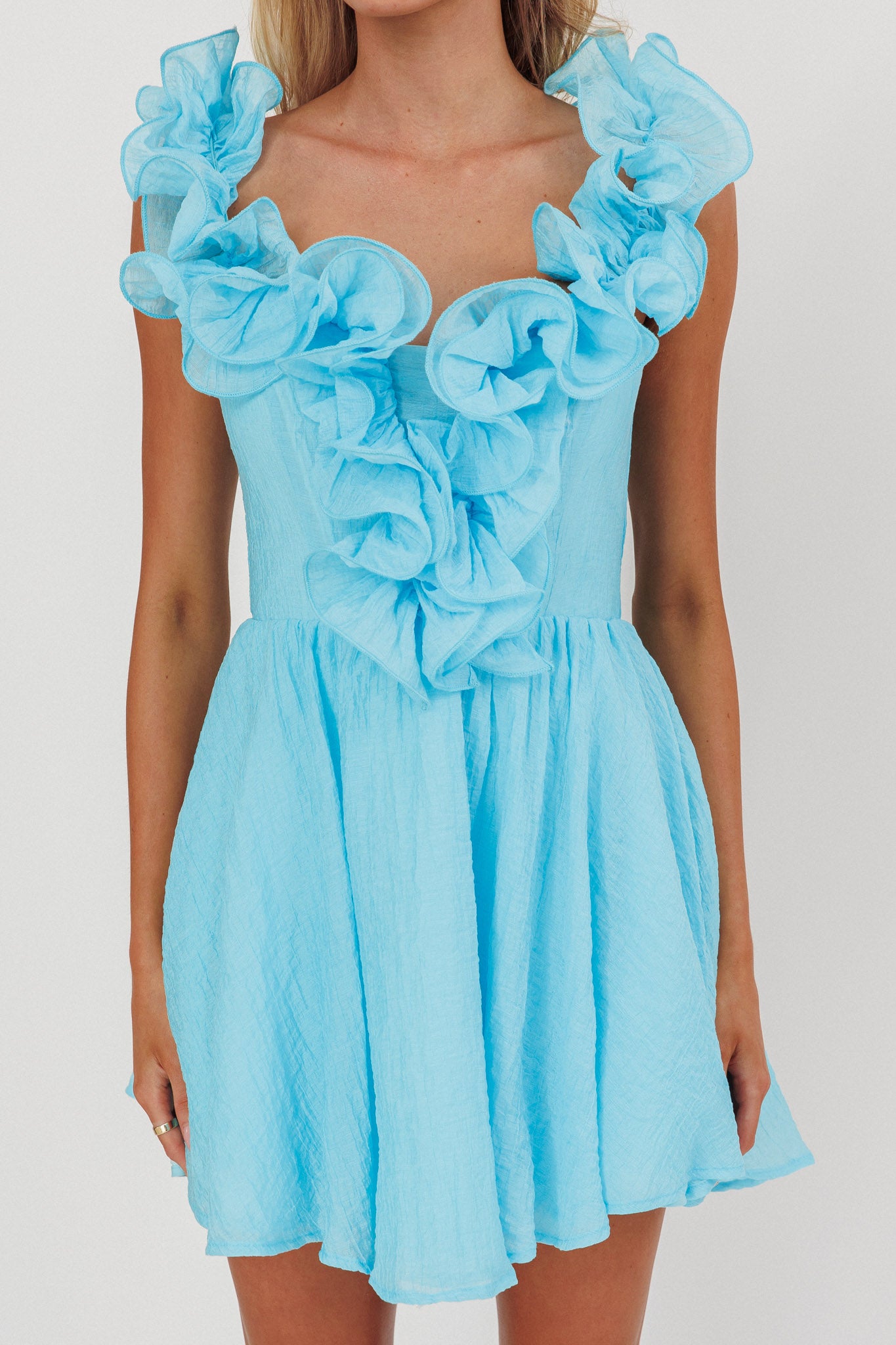 Nivaya Ruffle Neckline Mini Dress Ocean by Selfie Leslie Australia