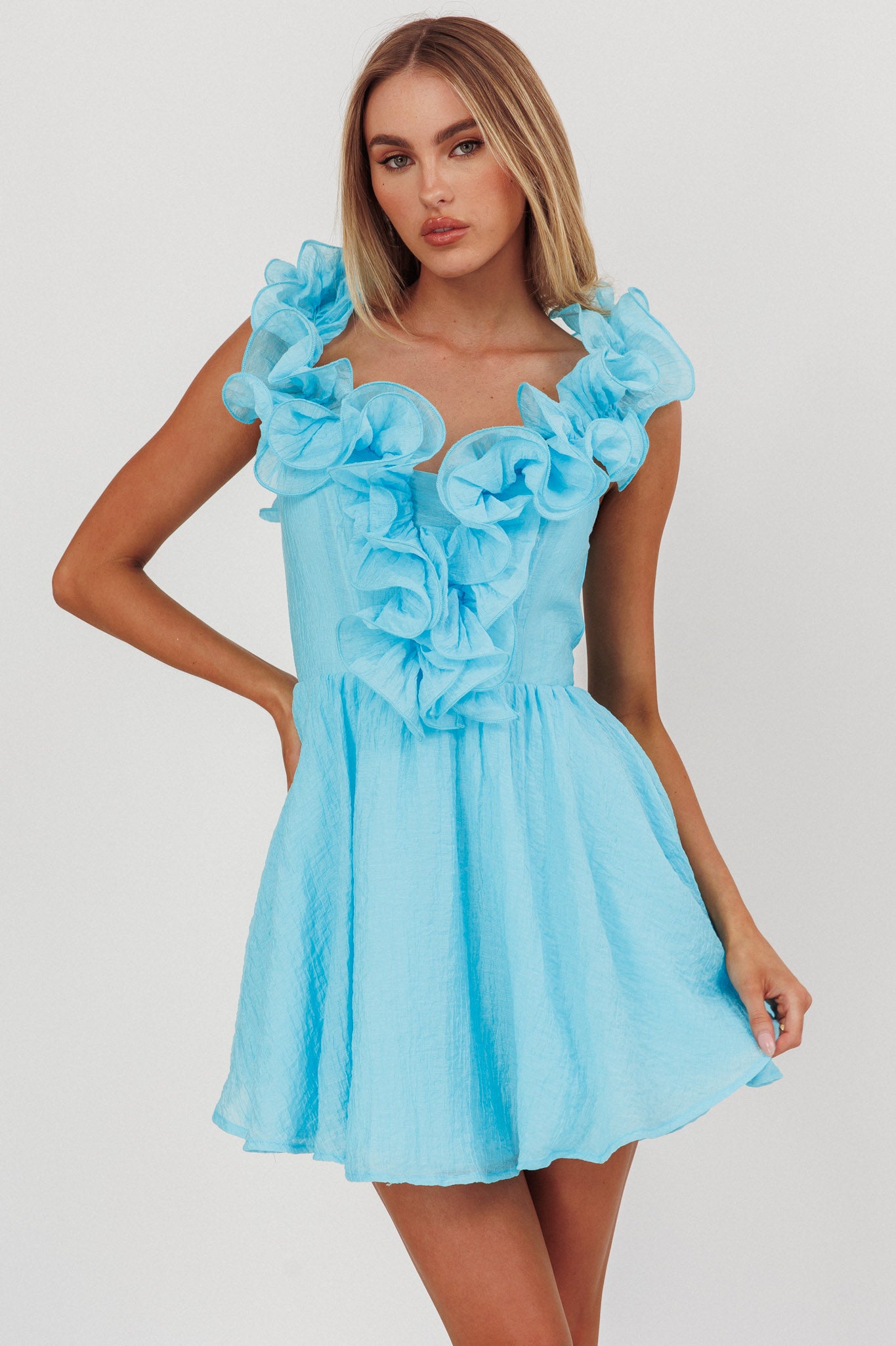 Nivaya Ruffle Neckline Mini Dress Ocean by Selfie Leslie Australia