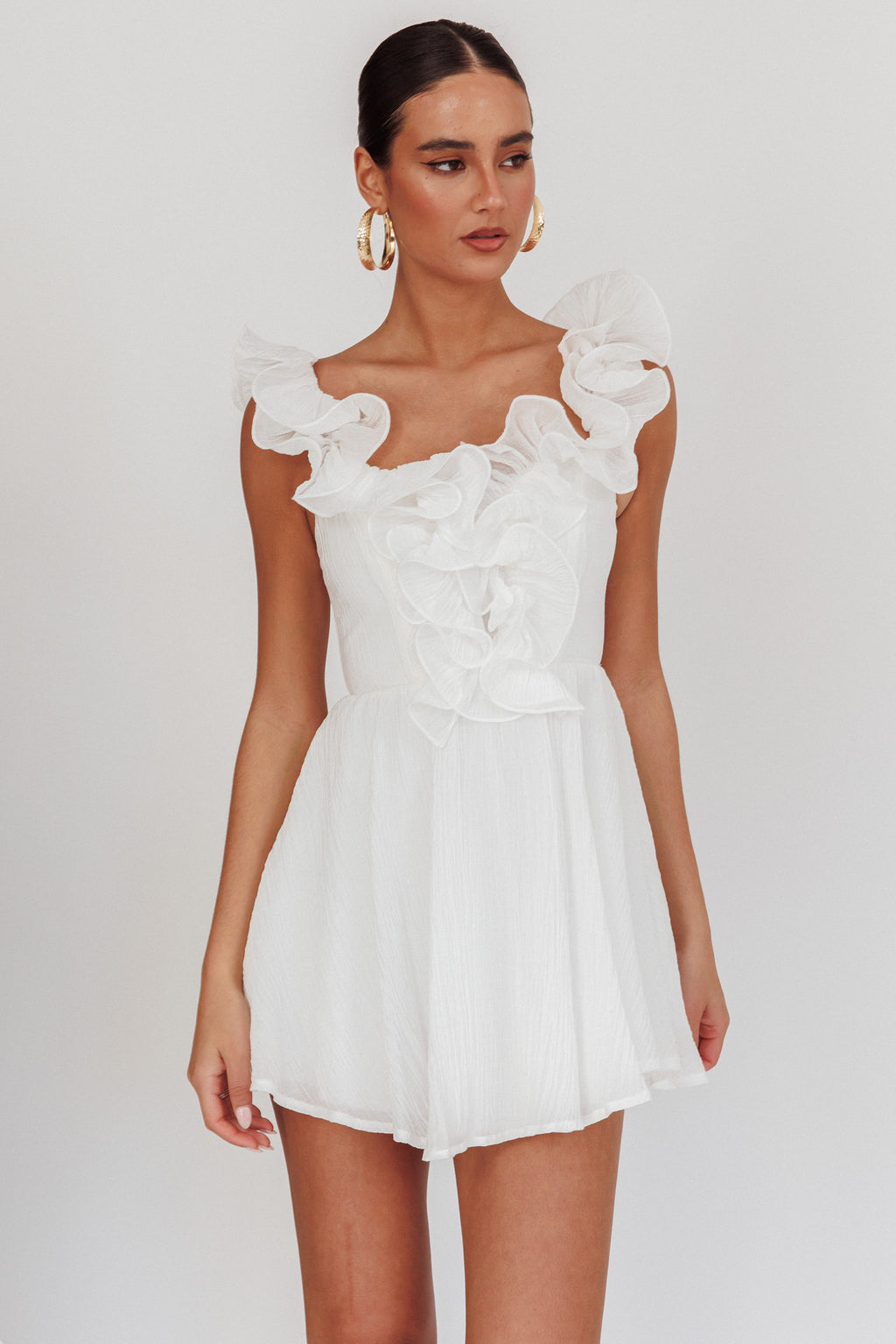 Nivaya Ruffle Neckline Mini Dress White by Selfie Leslie Australia