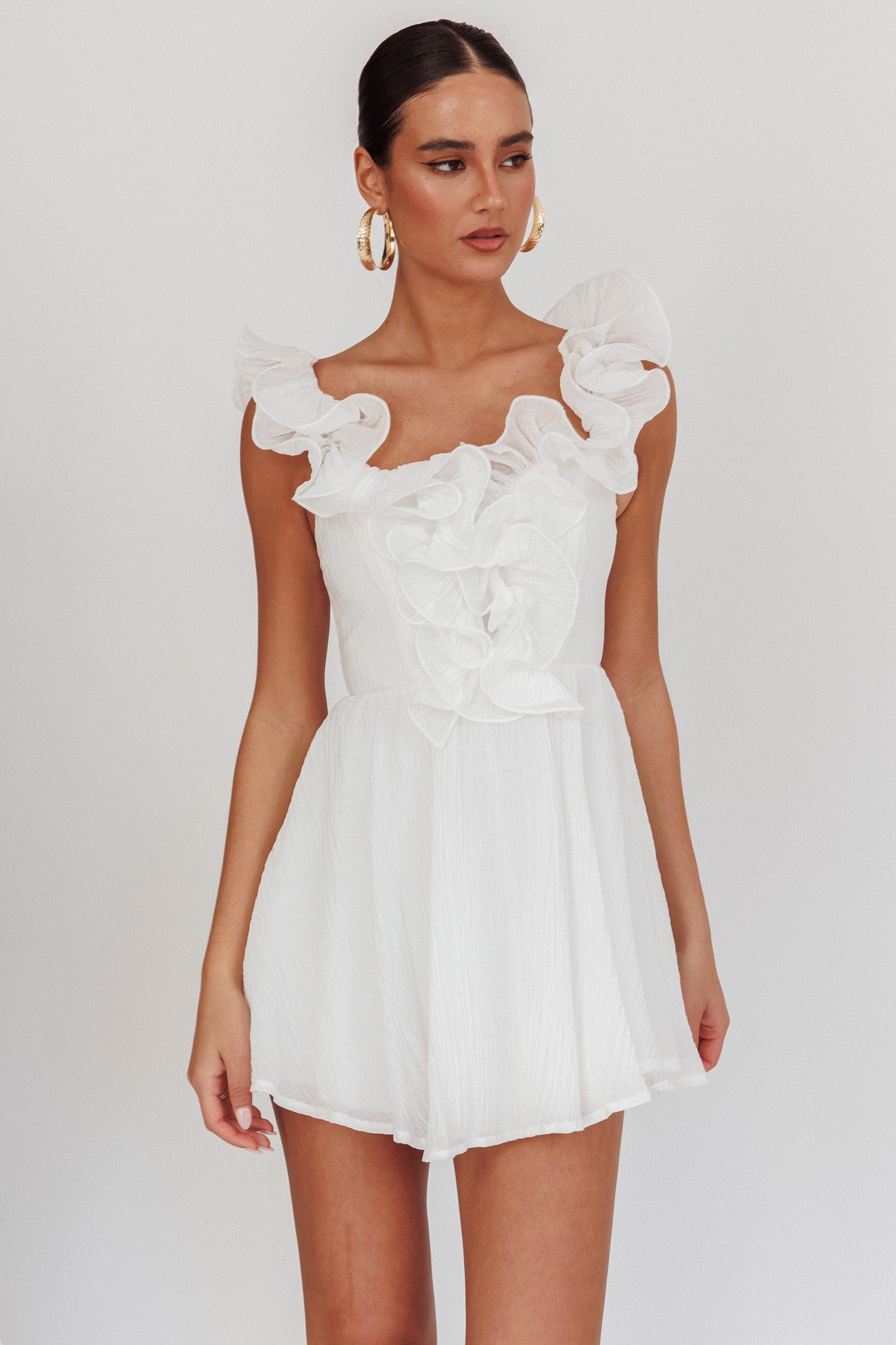 Nivaya Ruffle Neckline Mini Dress White by Selfie Leslie Australia