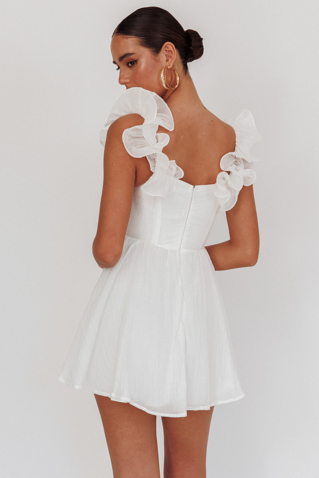 Nivaya Ruffle Neckline Mini Dress White by Selfie Leslie Australia