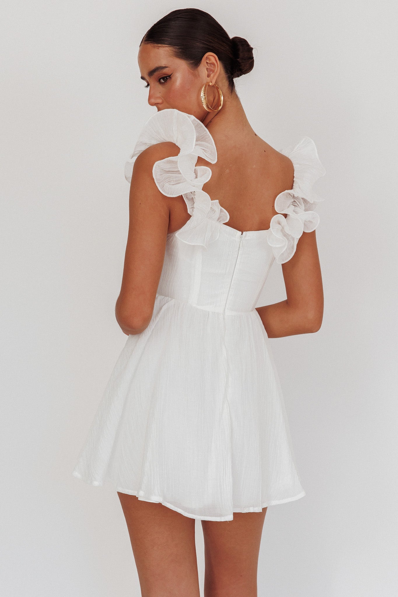 Nivaya Ruffle Neckline Mini Dress White by Selfie Leslie Australia